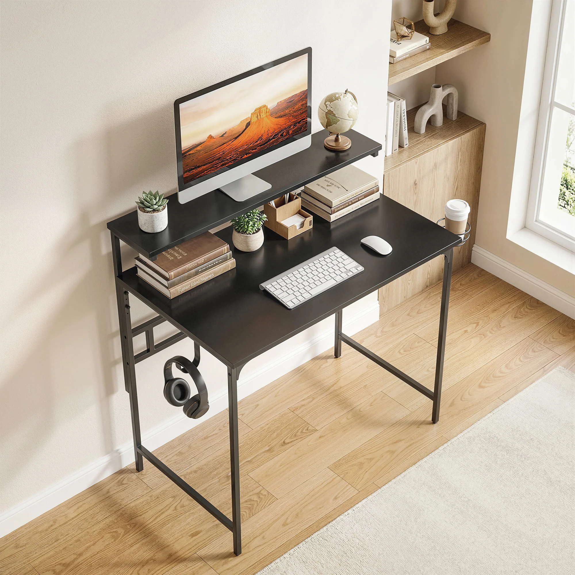 HOMCOM Computer Desk, 80cm Home Office Study Table with Hutch Shelf, Black - Image 2