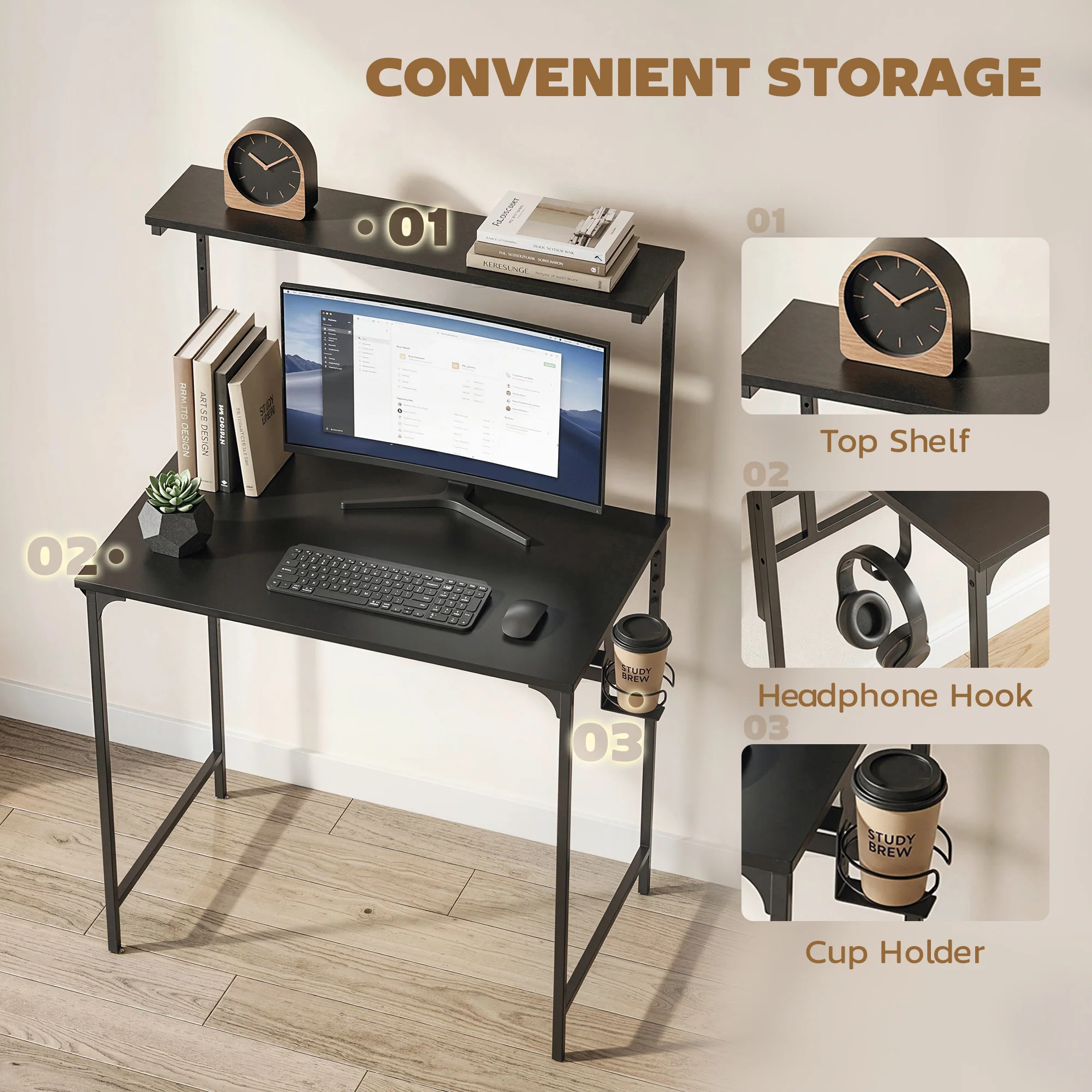 HOMCOM Computer Desk, 80cm Home Office Study Table with Hutch Shelf, Black - Image 3