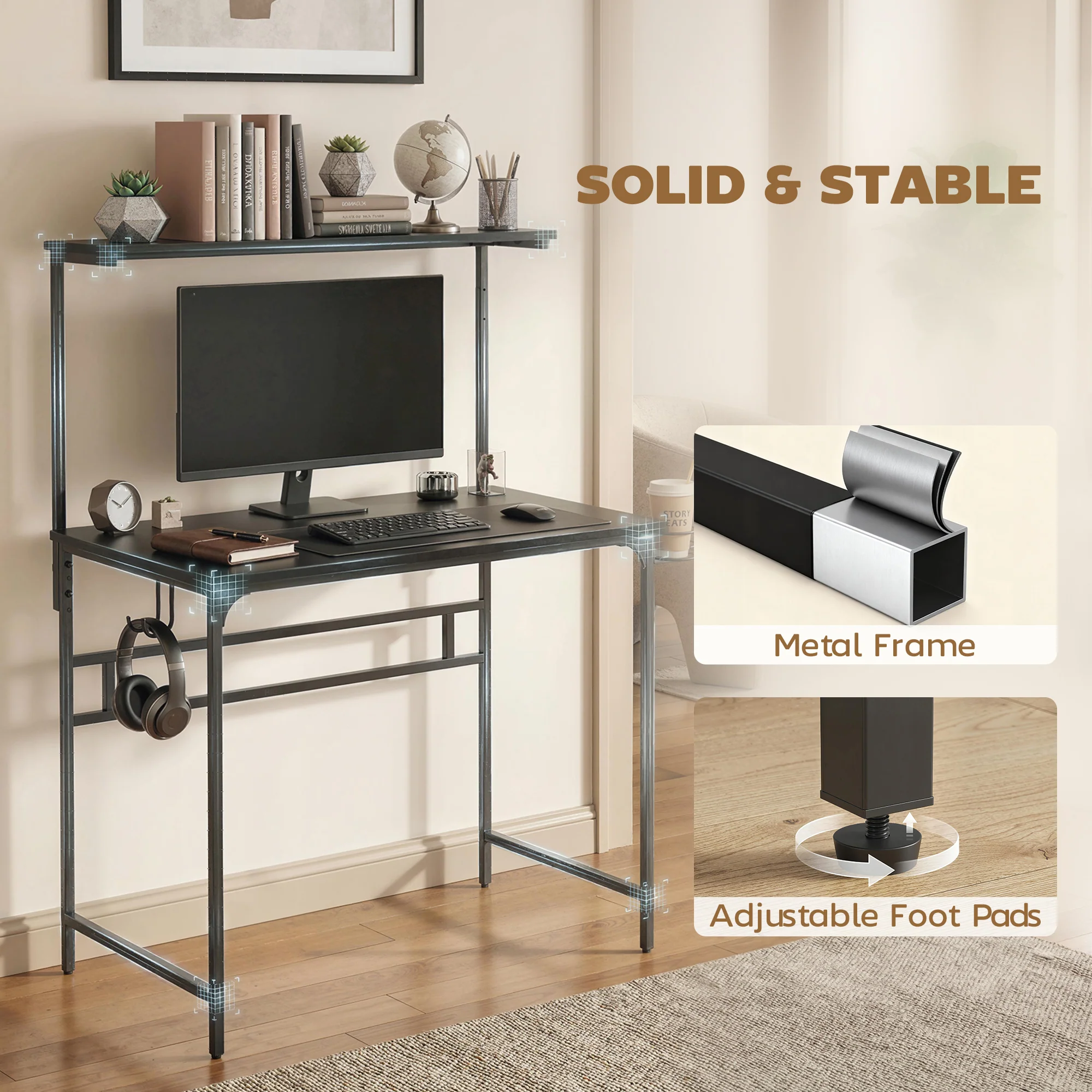 HOMCOM Computer Desk, 80cm Home Office Study Table with Hutch Shelf, Black - Image 6