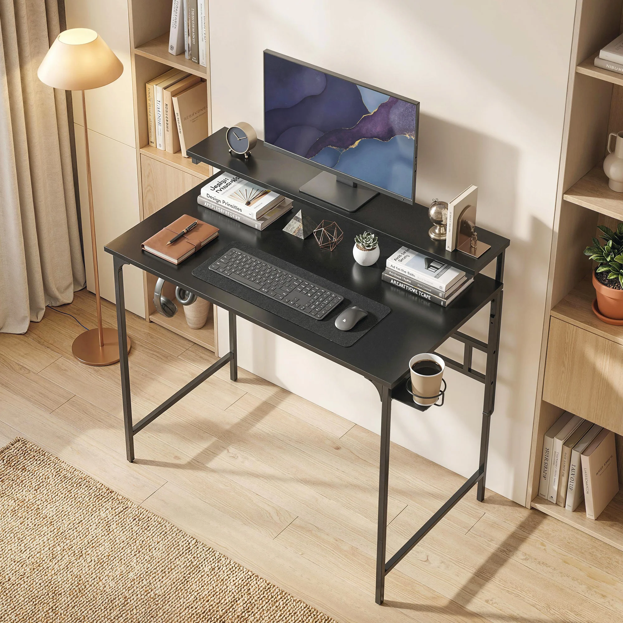 HOMCOM Computer Desk, 80cm Home Office Study Table with Hutch Shelf, Black - Image 7
