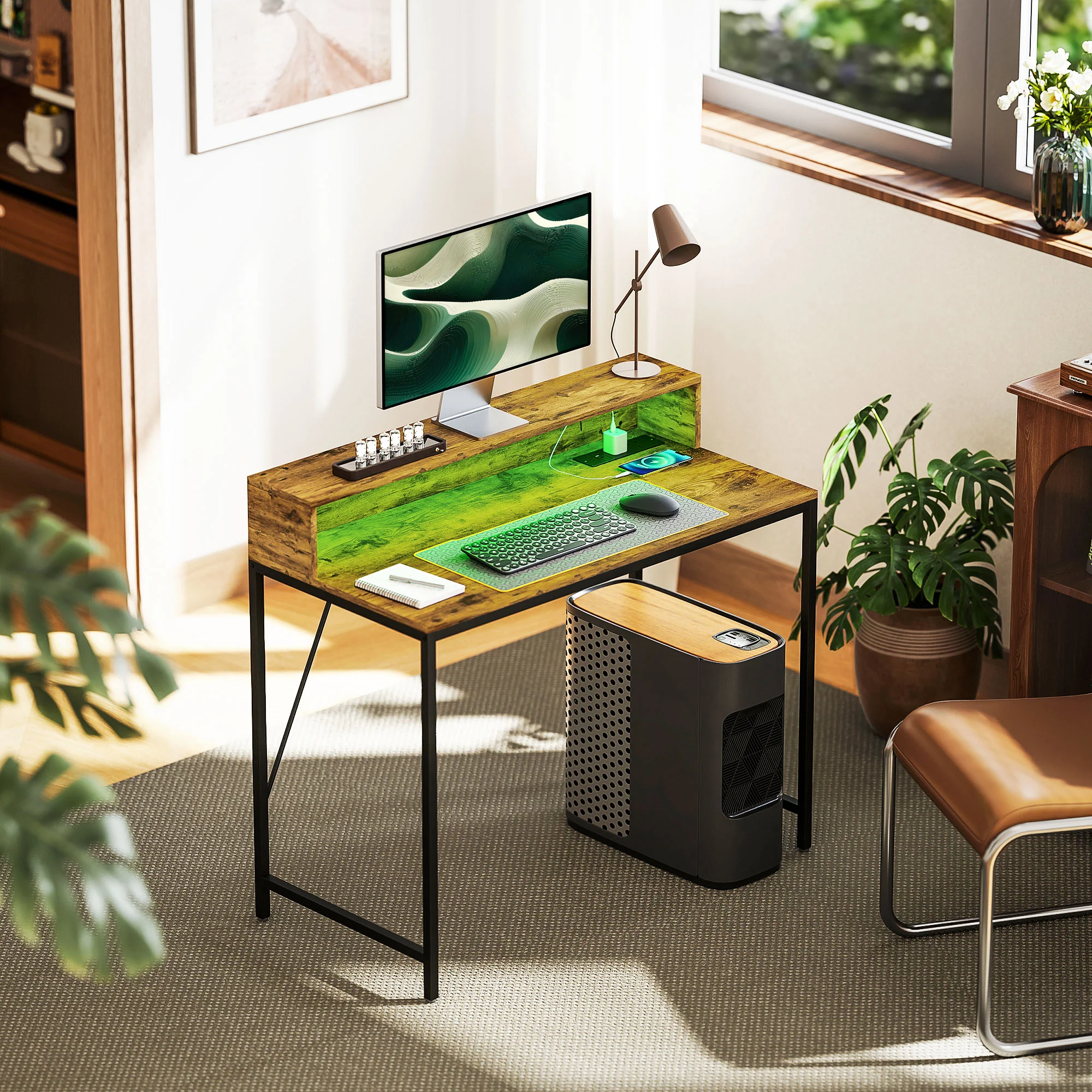 HOMCOM Computer Desk with LED Lights, Study Table with Shelf, Rustic Brown - Image 2
