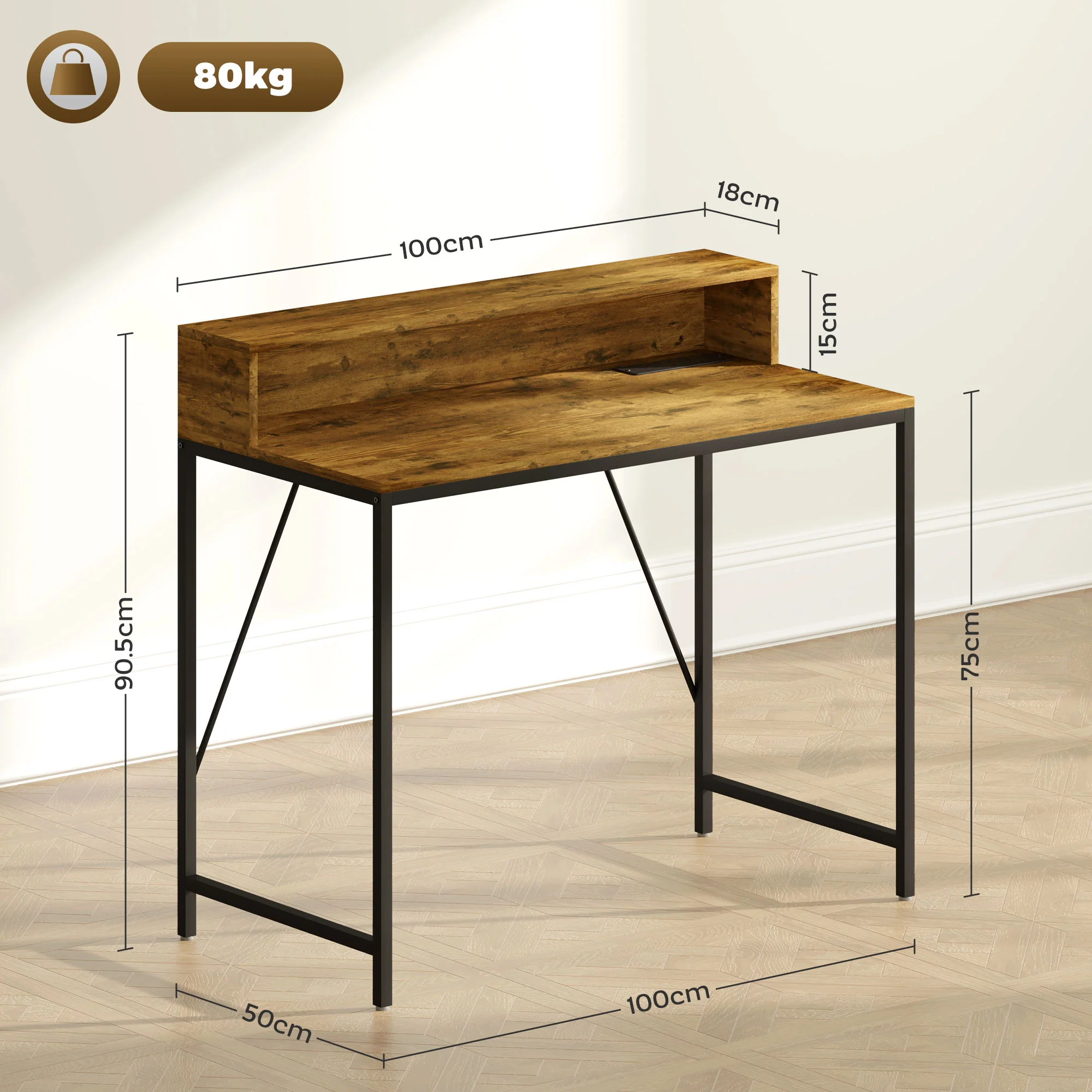 HOMCOM Computer Desk with LED Lights, Study Table with Shelf, Rustic Brown - Image 5