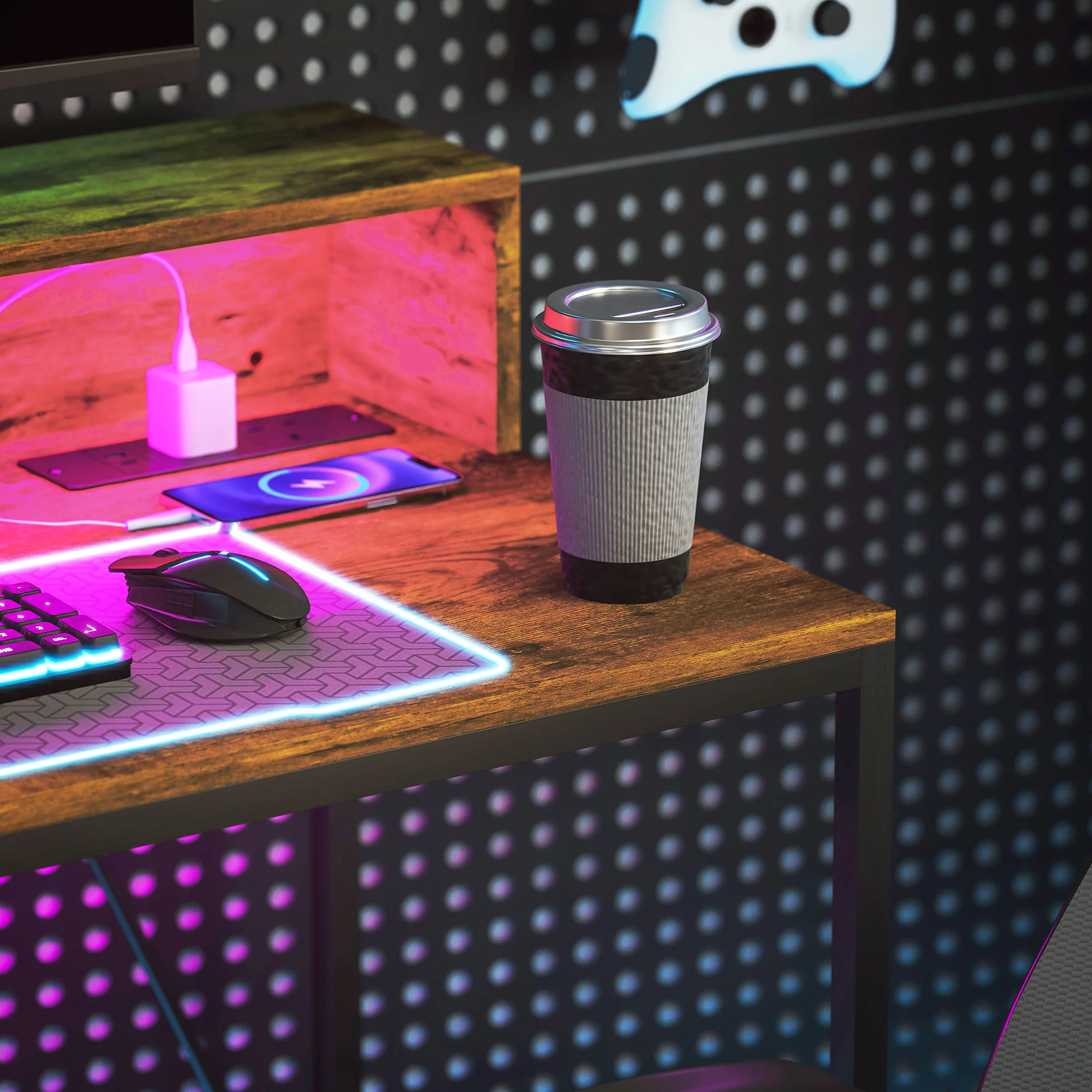 HOMCOM Computer Desk with LED Lights, Study Table with Shelf, Rustic Brown - Image 9
