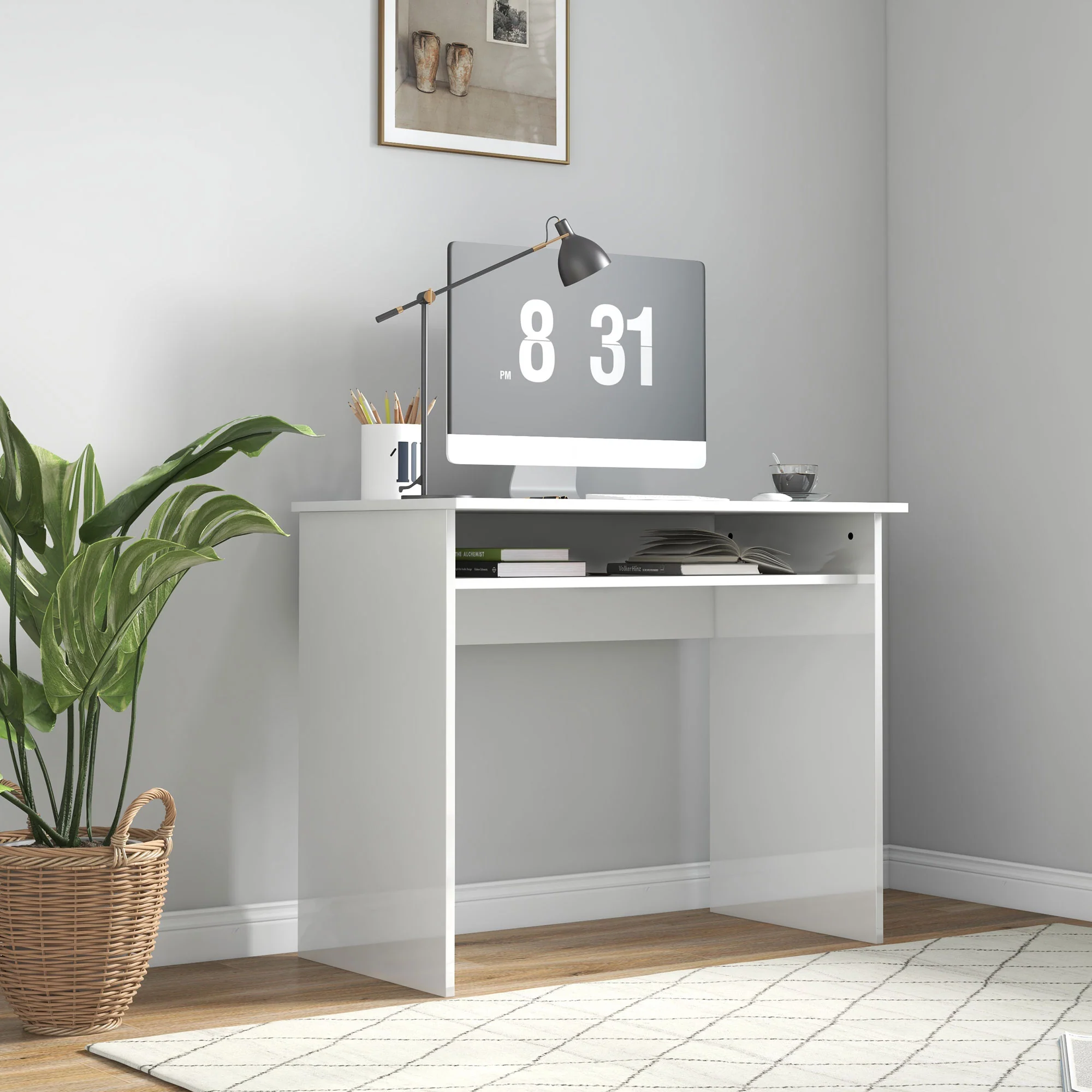 HOMCOM Computer Desk Writing Table Study Workstation Storage High Gloss White - Image 2