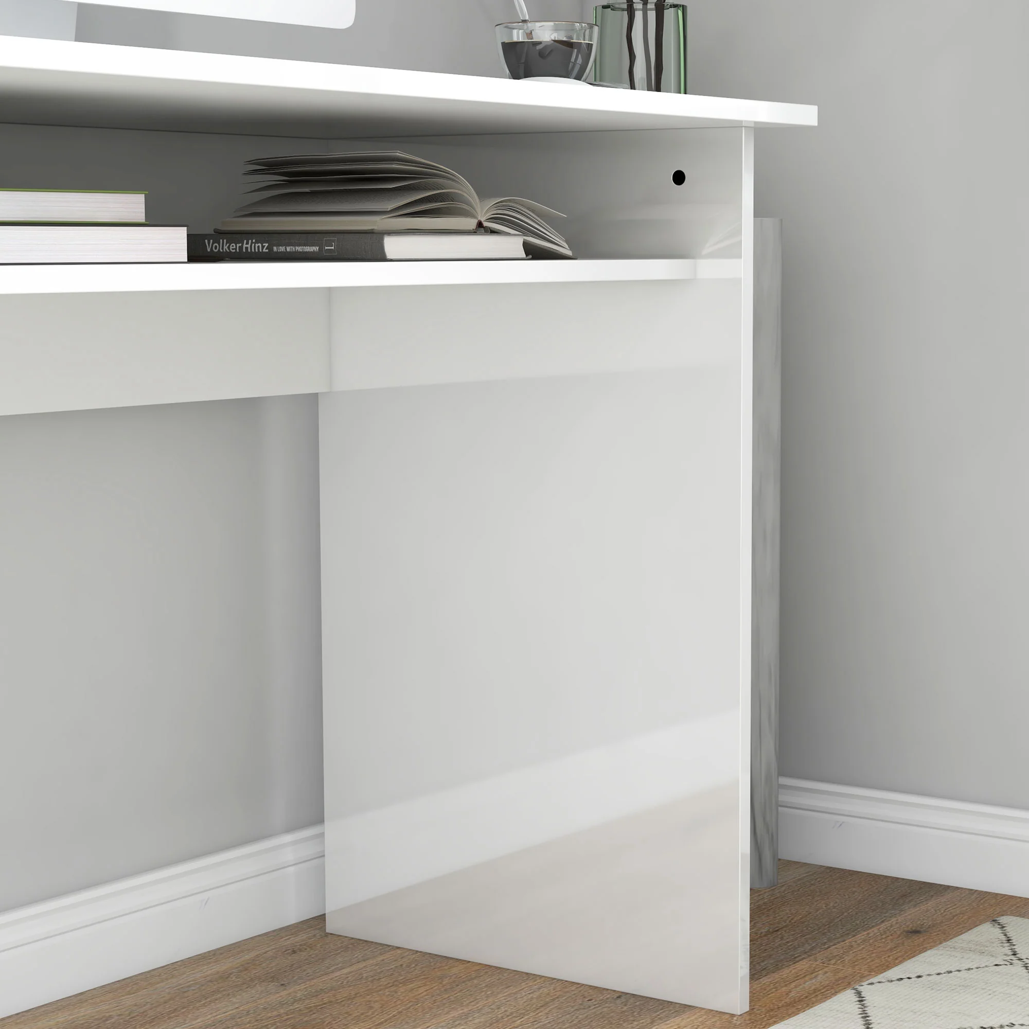 HOMCOM Computer Desk Writing Table Study Workstation Storage High Gloss White - Image 7