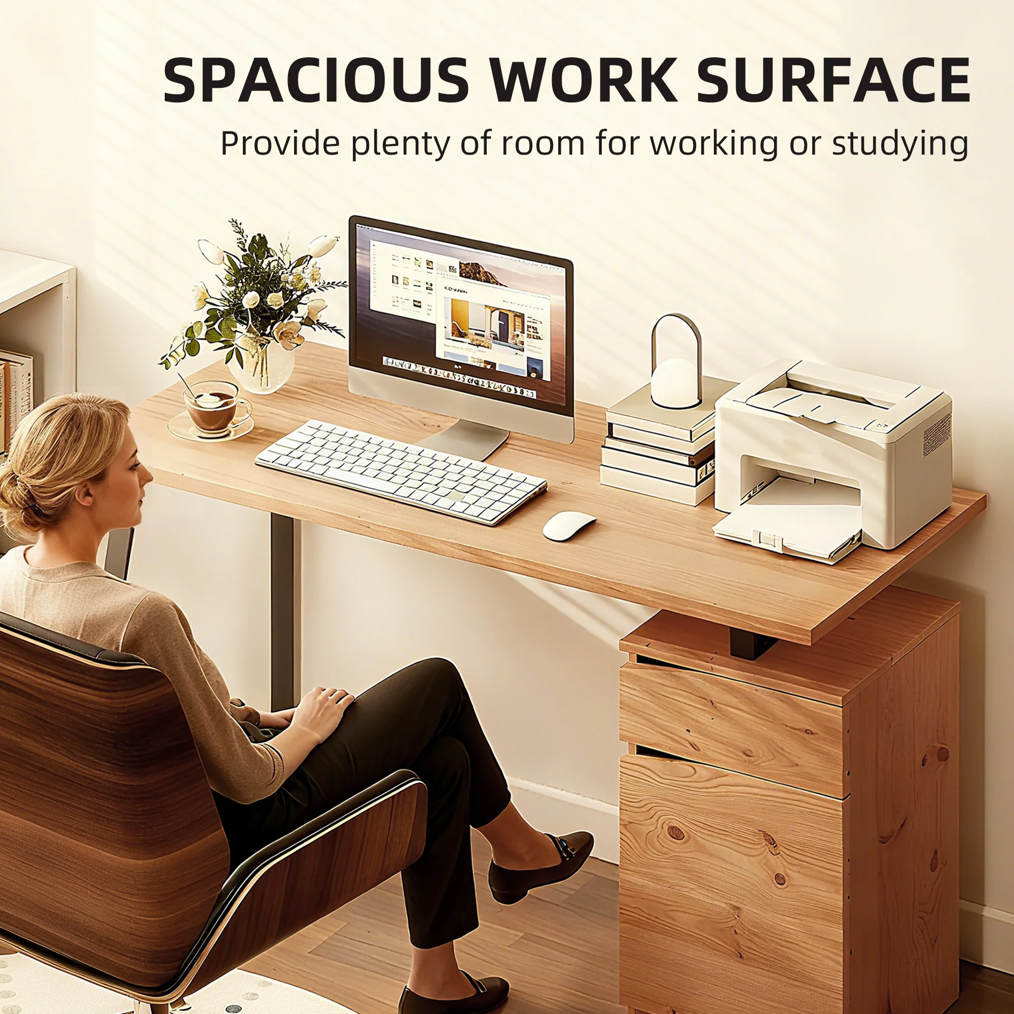 HOMCOM Computer Desk, Writing Table with Cabinet and Drawer, Natural - Image 3