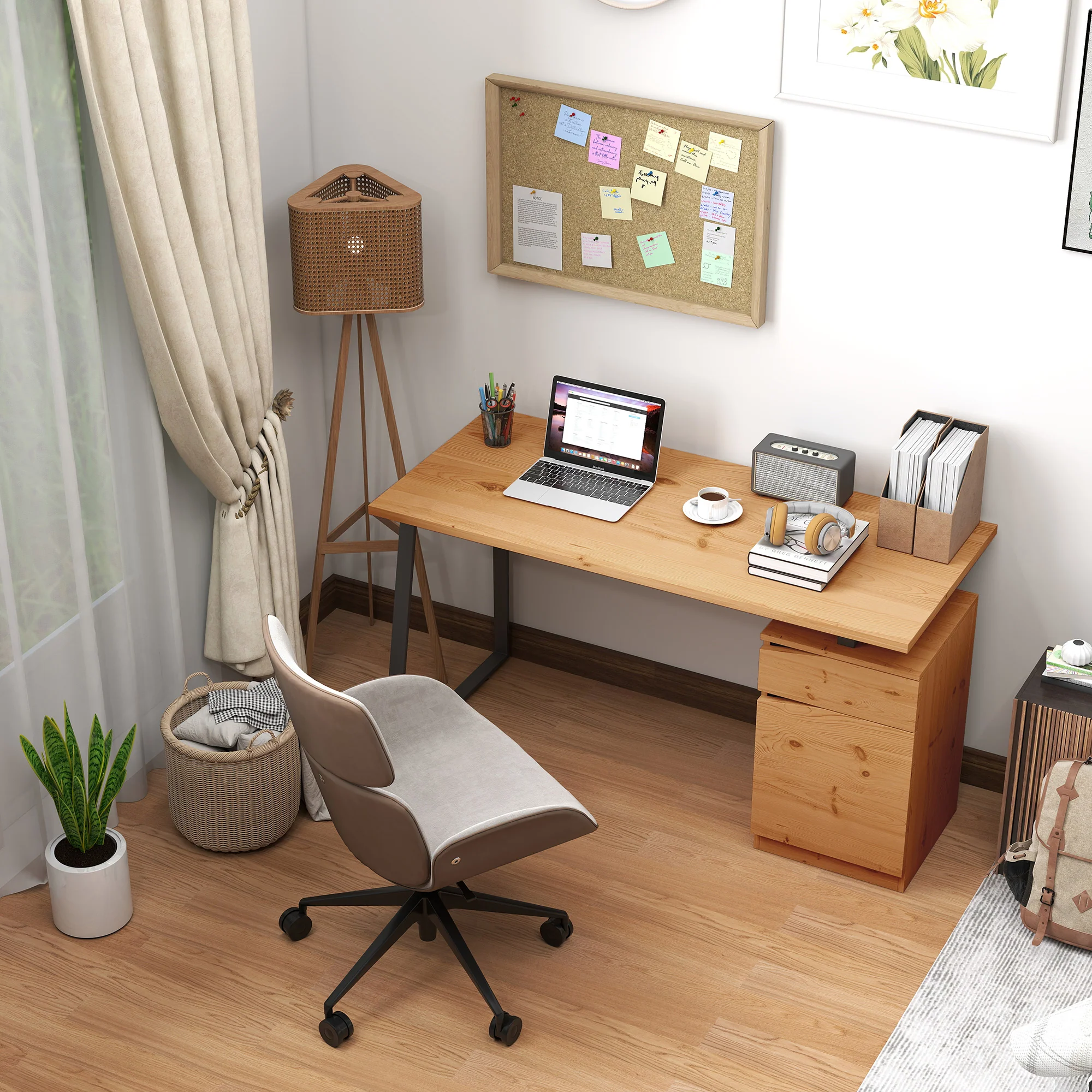HOMCOM Computer Desk, Writing Table with Cabinet and Drawer, Natural - Image 8