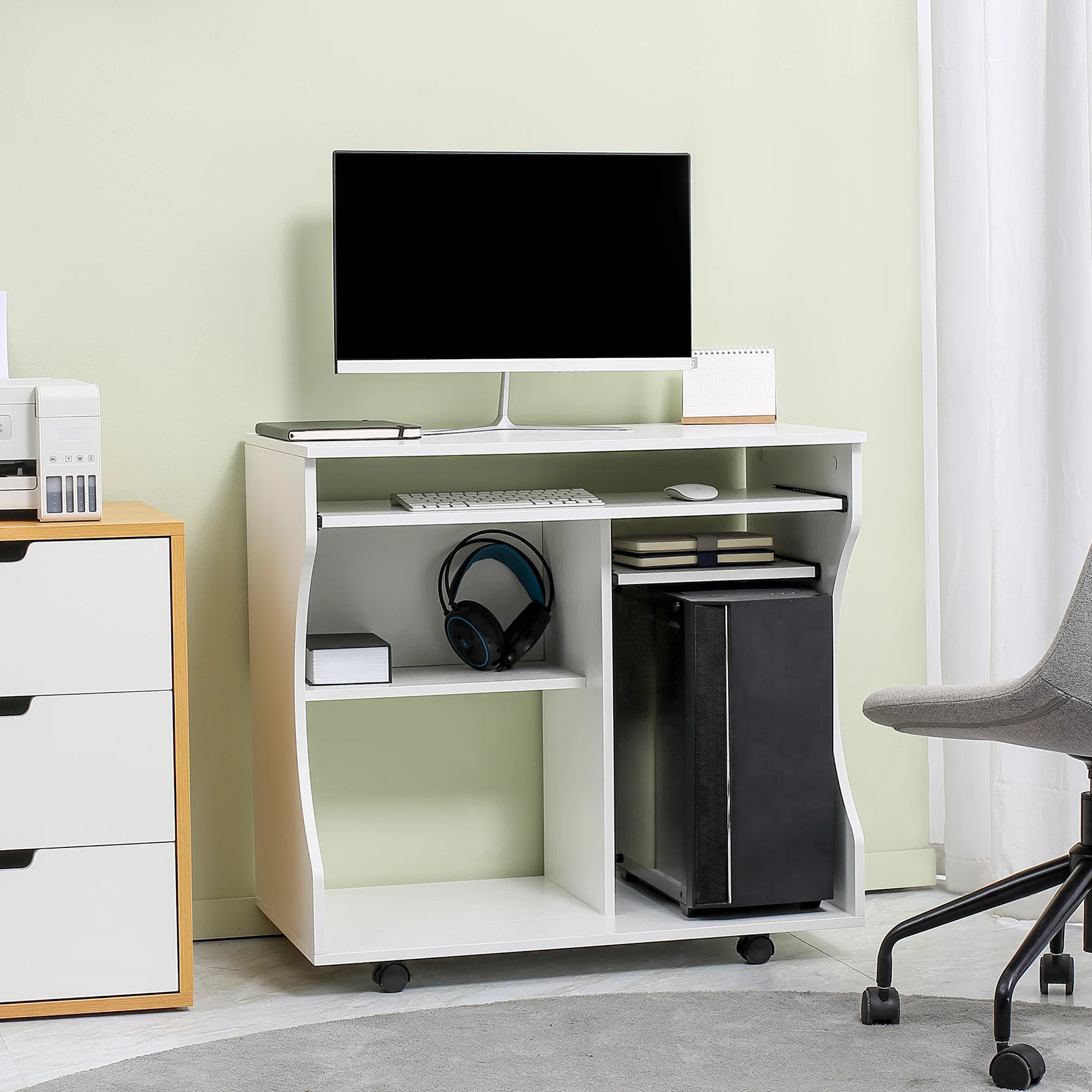HOMCOM Computer Table Study Desk with Sliding Keyboard Tray, White - Image 2