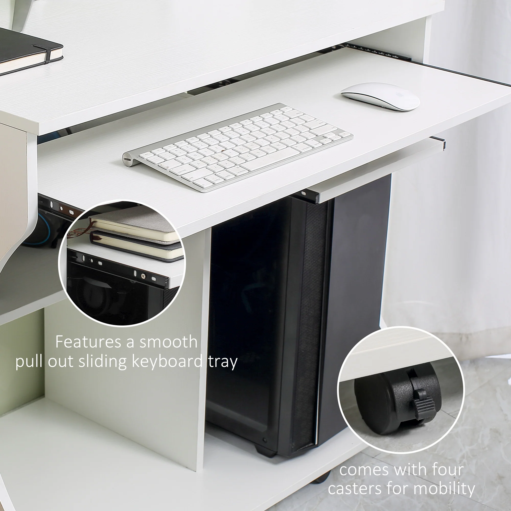 HOMCOM Computer Table Study Desk with Sliding Keyboard Tray, White - Image 8
