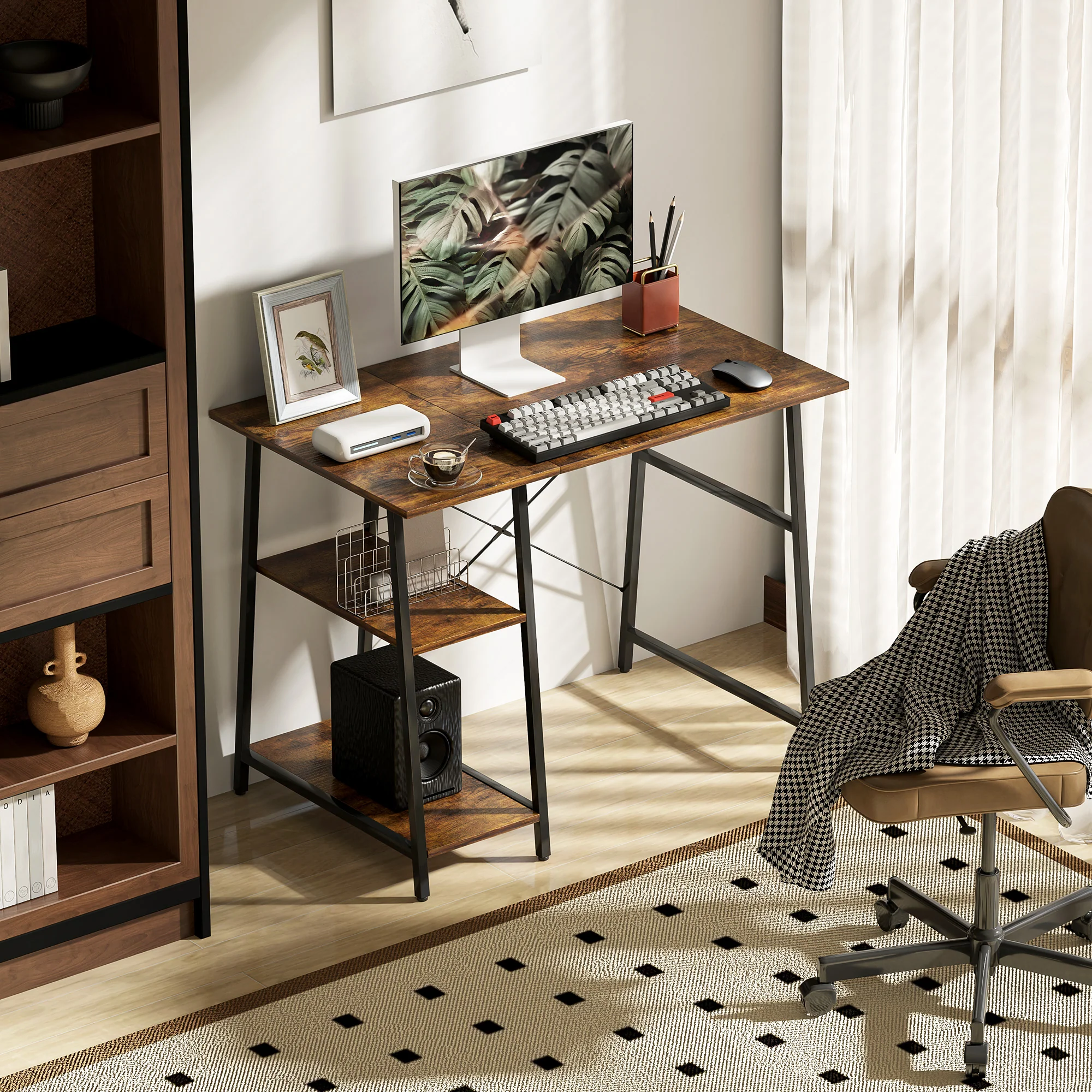 HOMCOM Computer Table Wor Desk with Shelves & Steel Frame, Rustic Brown - Image 8