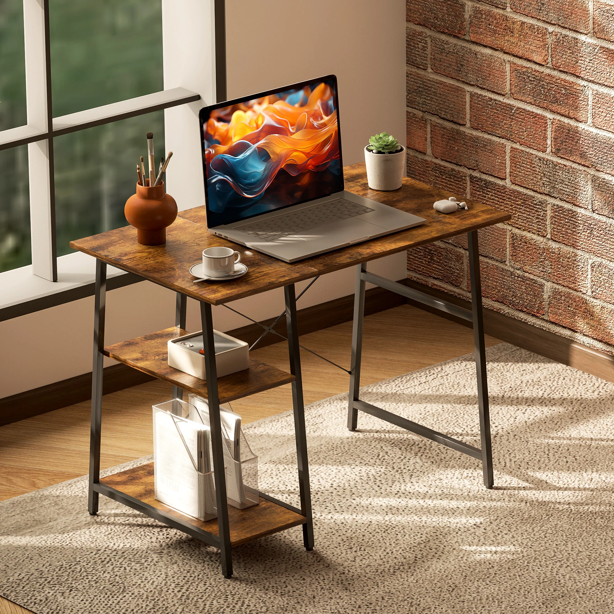 HOMCOM Computer Table Wor Desk with Shelves & Steel Frame, Rustic Brown - Image 9