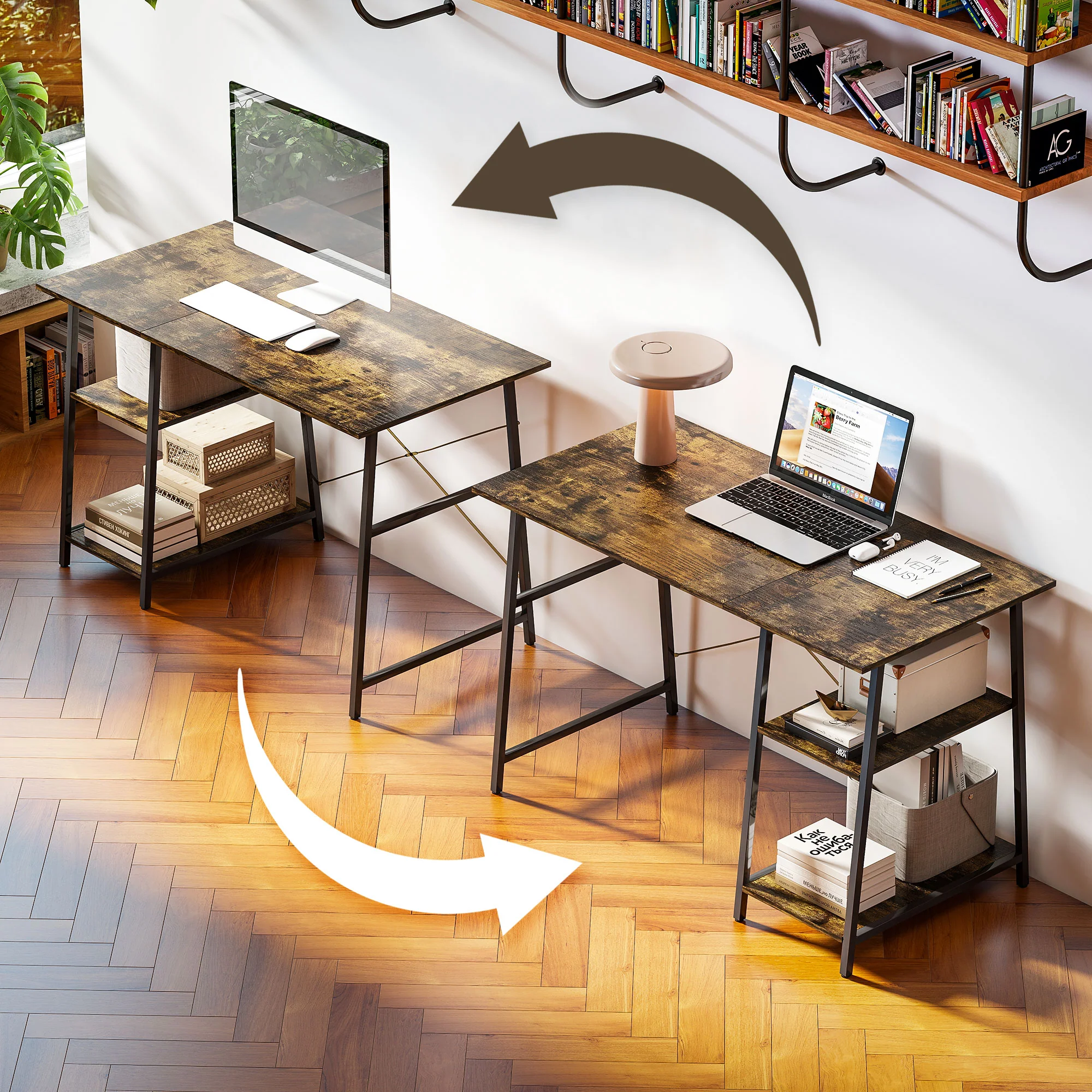 HOMCOM Computer Table Wor Desk with Shelves & Steel Frame, Rustic Brown - Image 9