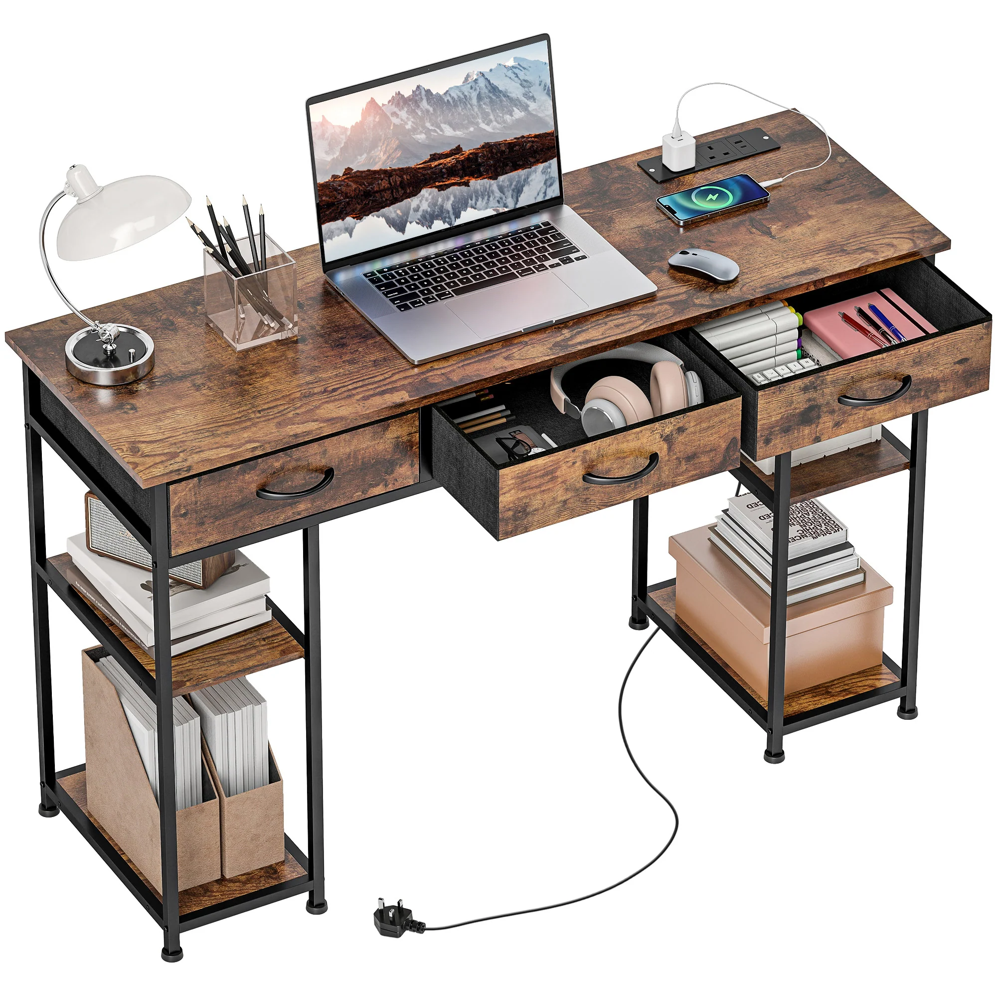 HOMCOM Computer Writing Desk With Power Outlets, Drawers, Shelves - White/Rustic Brown
