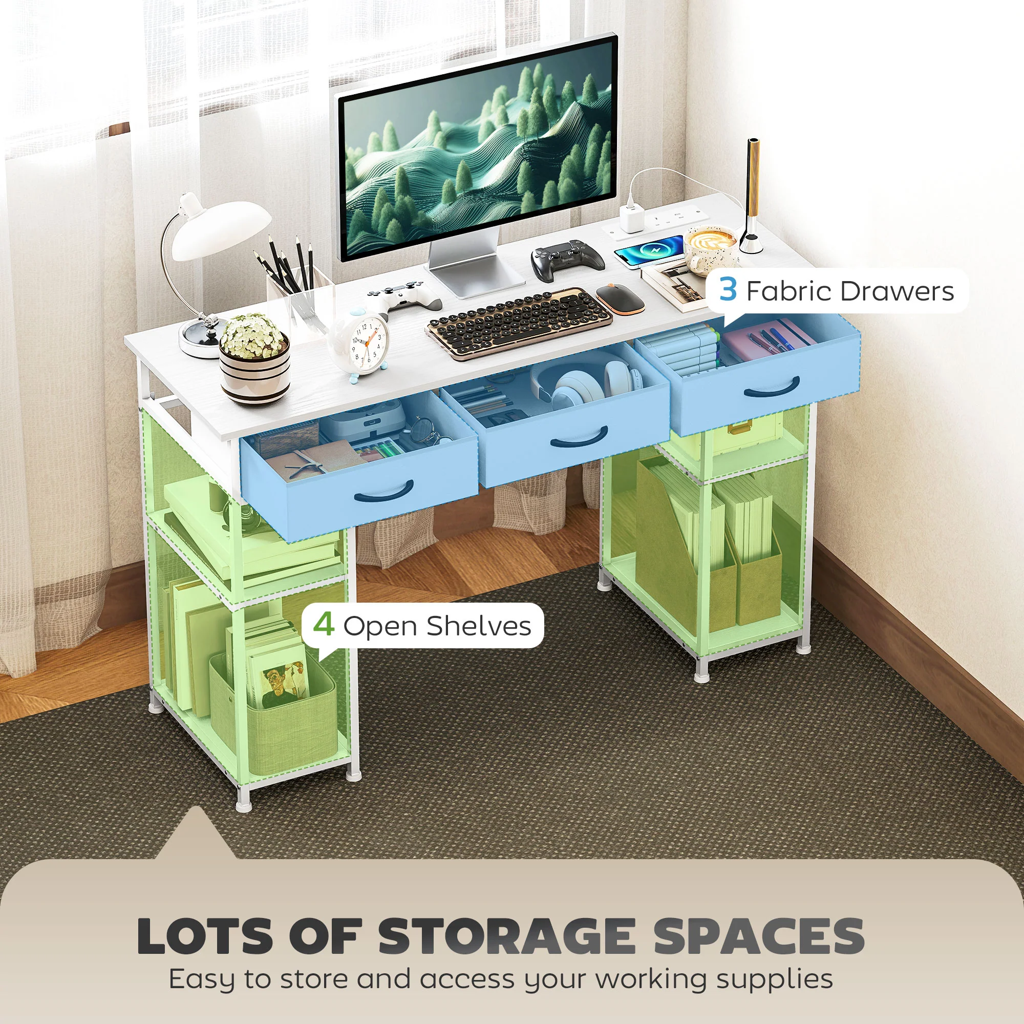 HOMCOM Computer Writing Desk With Power Outlets, Drawers, Shelves - White/Rustic Brown - Image 12