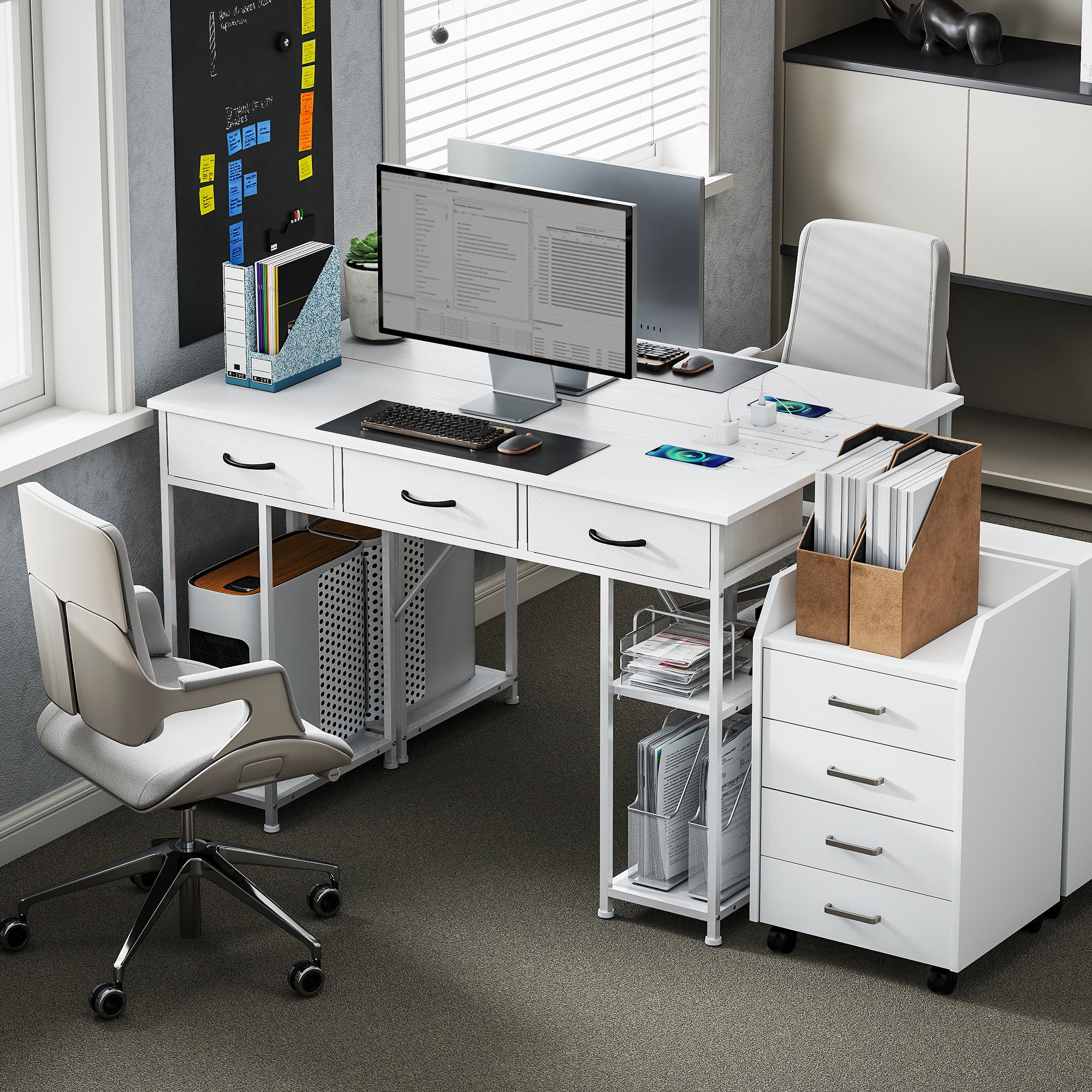 HOMCOM Computer Writing Desk With Power Outlets, Drawers, Shelves - White/Rustic Brown - Image 17