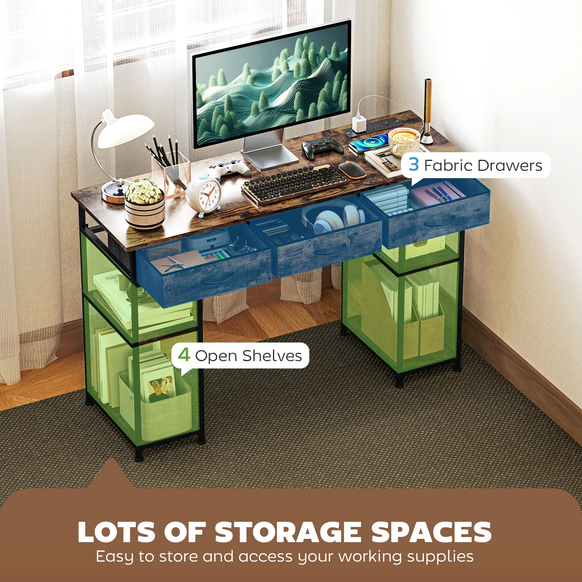 HOMCOM Computer Writing Desk With Power Outlets, Drawers, Shelves - White/Rustic Brown - Image 3