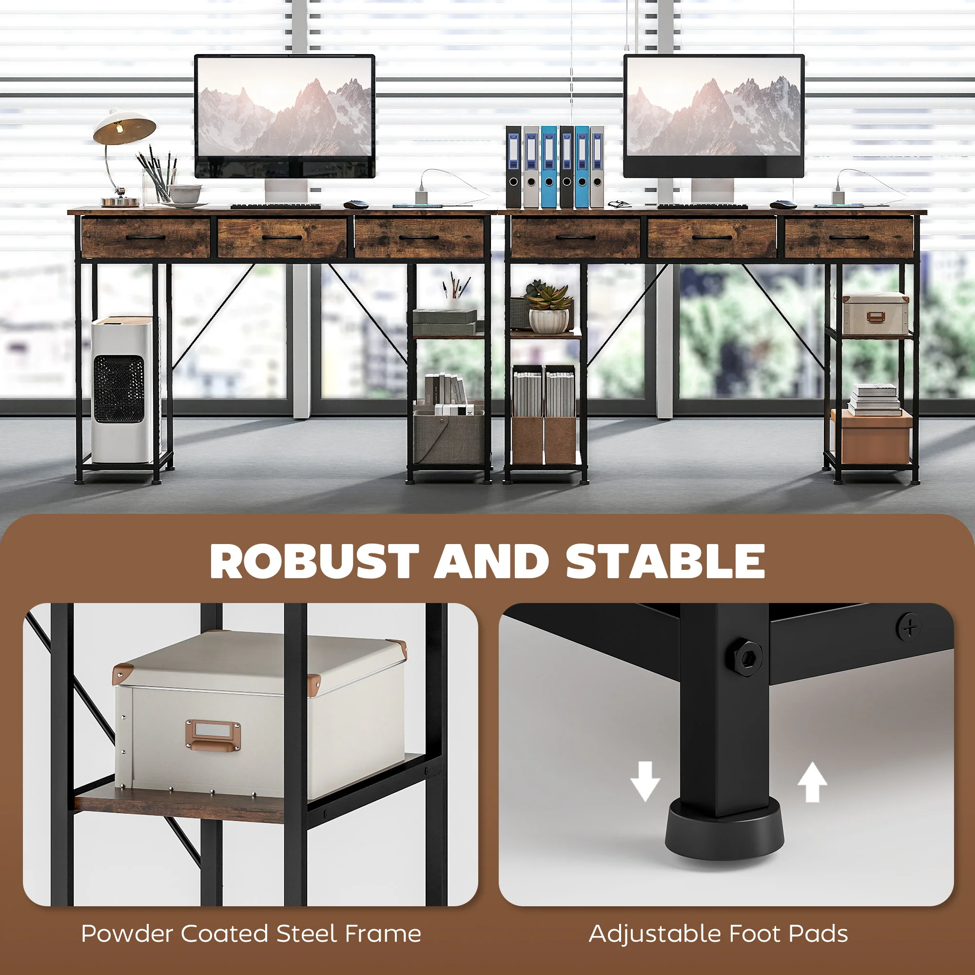 HOMCOM Computer Writing Desk With Power Outlets, Drawers, Shelves - White/Rustic Brown - Image 7