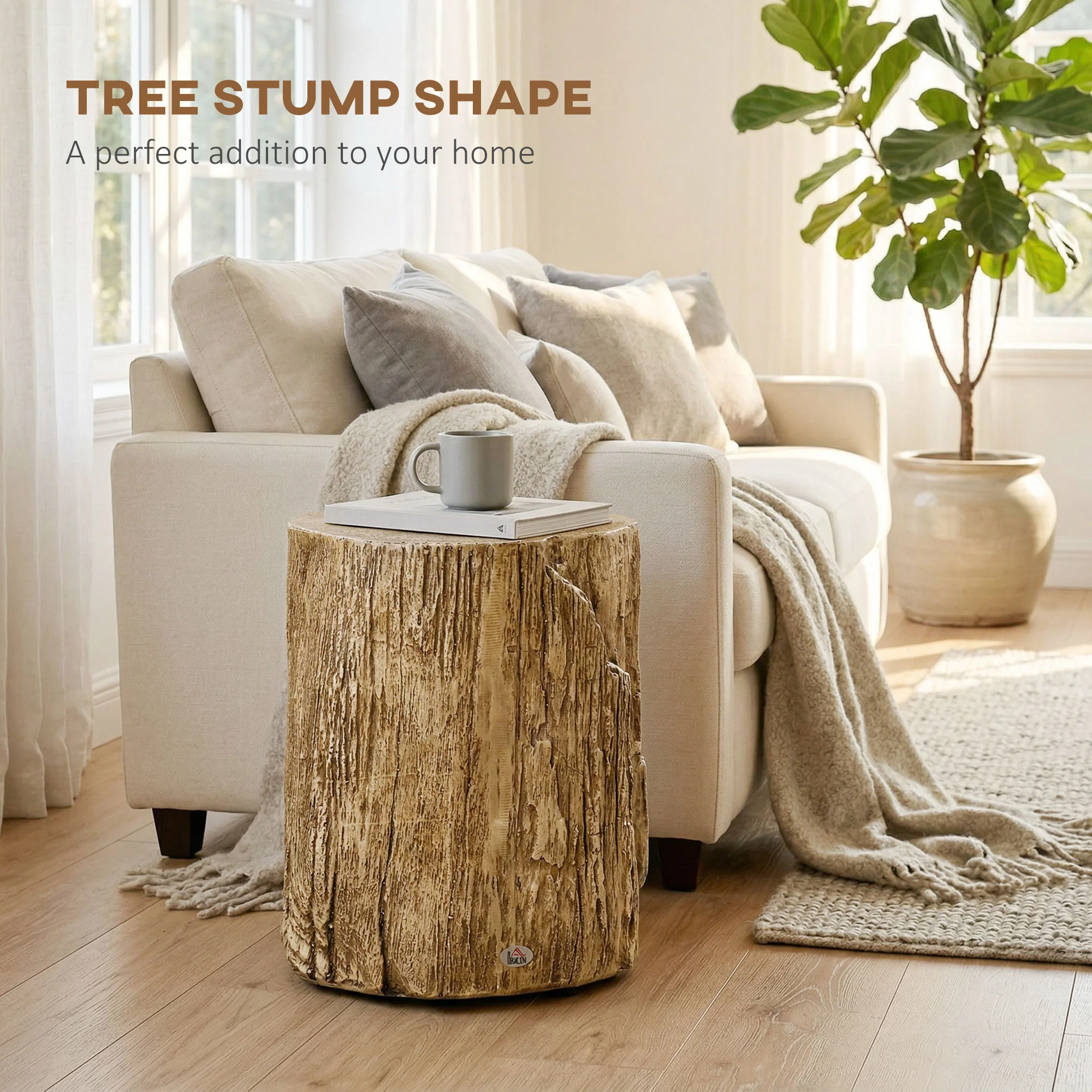 HOMCOM Concrete Side Table Tree Stump End Table For Indoor Outdoors Natural - Image 3