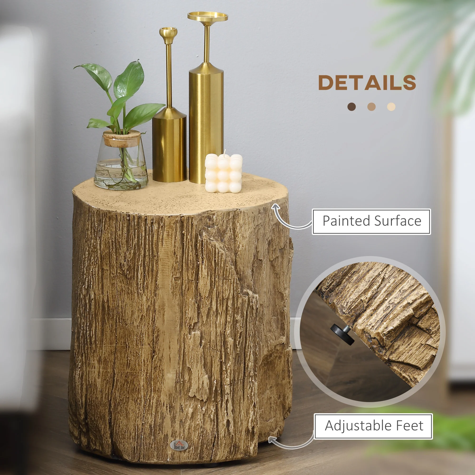 HOMCOM Concrete Side Table Tree Stump End Table For Indoor Outdoors Natural - Image 6