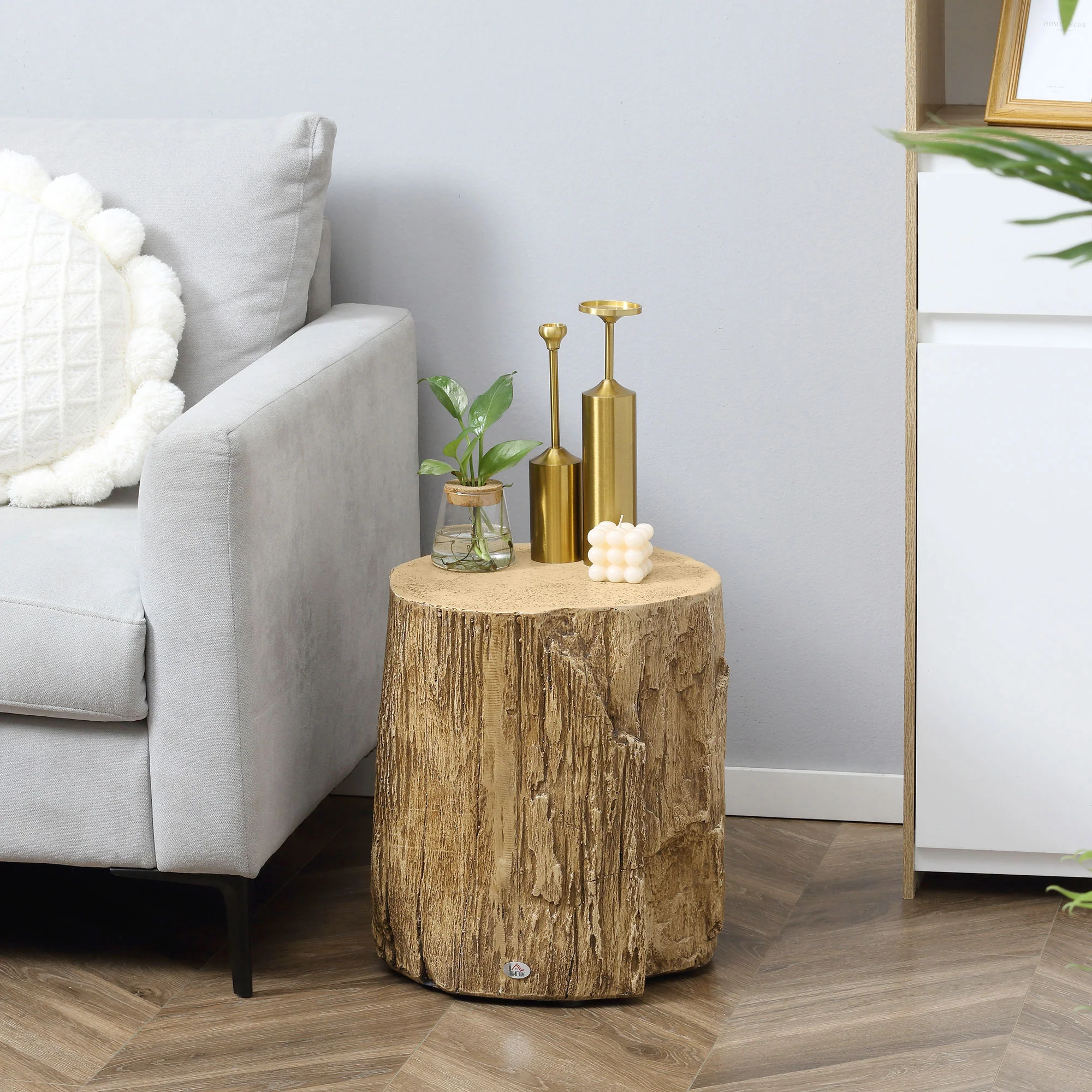 HOMCOM Concrete Side Table Tree Stump End Table For Indoor Outdoors Natural - Image 7