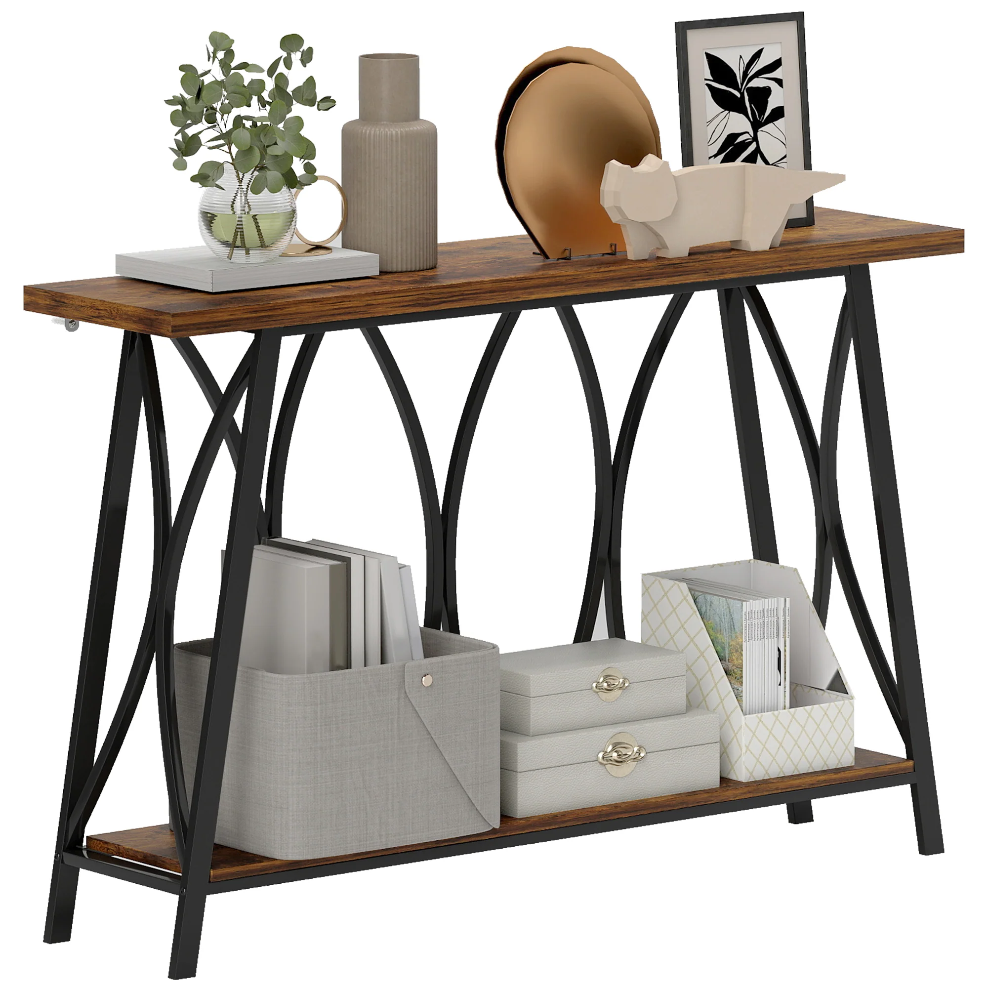 HOMCOM Console Table, Industrial Narrow Sofa Table with 2 Tiers, Metal Frame