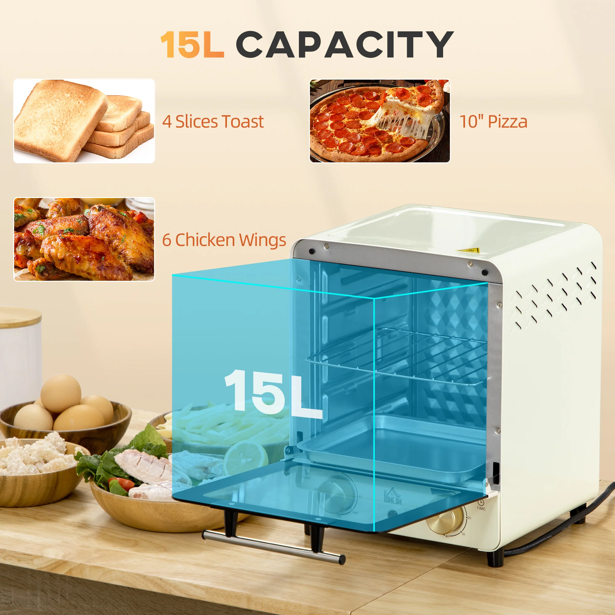 HOMCOM Convection Mini Oven, 15 Litres Electric Oven And Grill With 60-230 Degrees Adjustable Temperature, 60 Minute Timer, Include Baking Tray, Wire Rack And Crumb Tray, 1000W, Cream White - Image 4