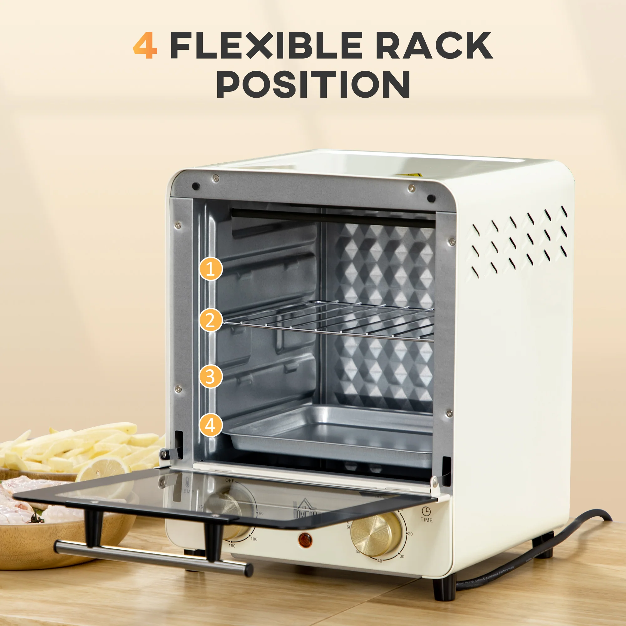 HOMCOM Convection Mini Oven, 15 Litres Electric Oven And Grill With 60-230 Degrees Adjustable Temperature, 60 Minute Timer, Include Baking Tray, Wire Rack And Crumb Tray, 1000W, Cream White - Image 5