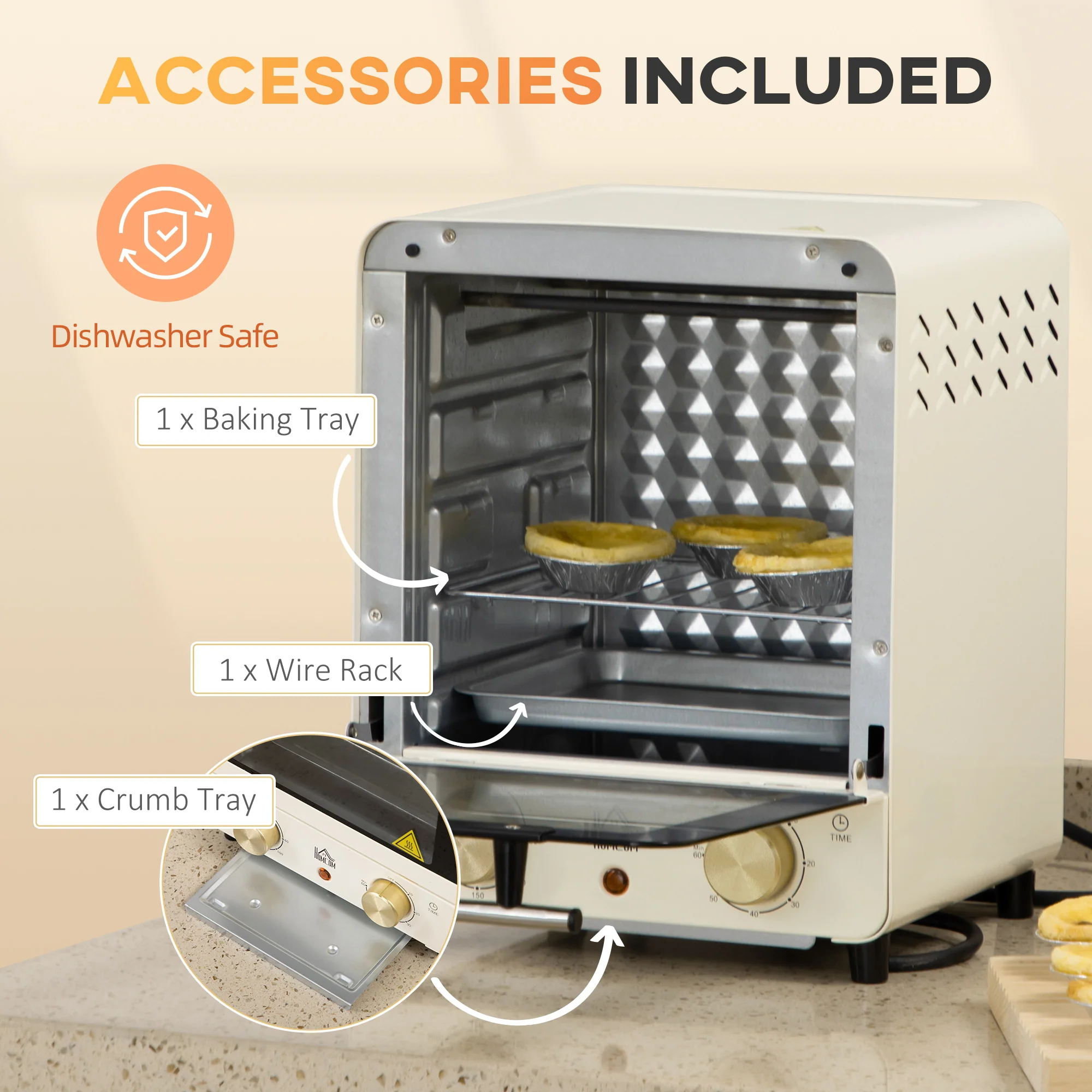 HOMCOM Convection Mini Oven, 15 Litres Electric Oven And Grill With 60-230 Degrees Adjustable Temperature, 60 Minute Timer, Include Baking Tray, Wire Rack And Crumb Tray, 1000W, Cream White - Image 6
