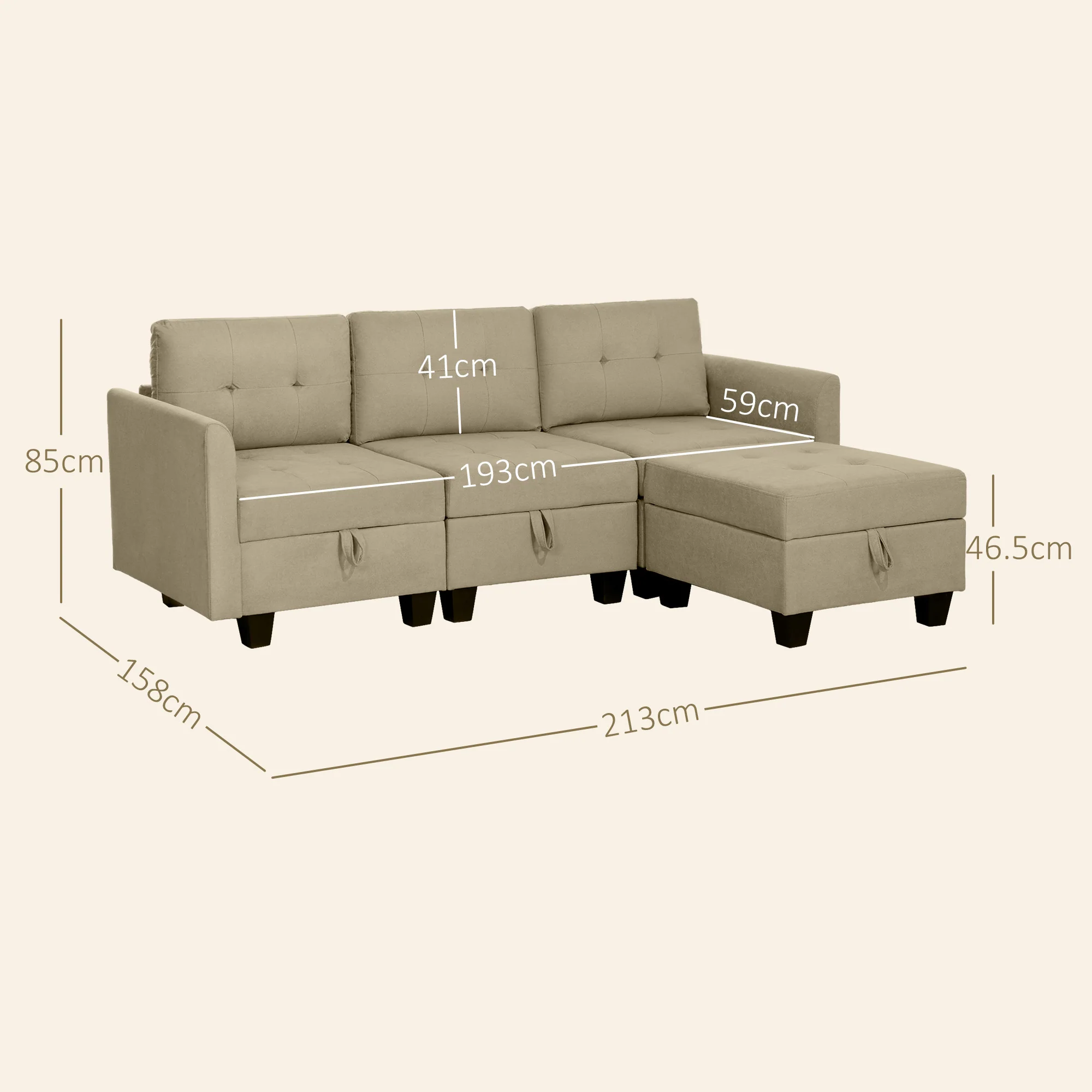 HOMCOM Convertible Modular Sectional Sofa W/ Storage Wood Frame Light Brown - Image 5