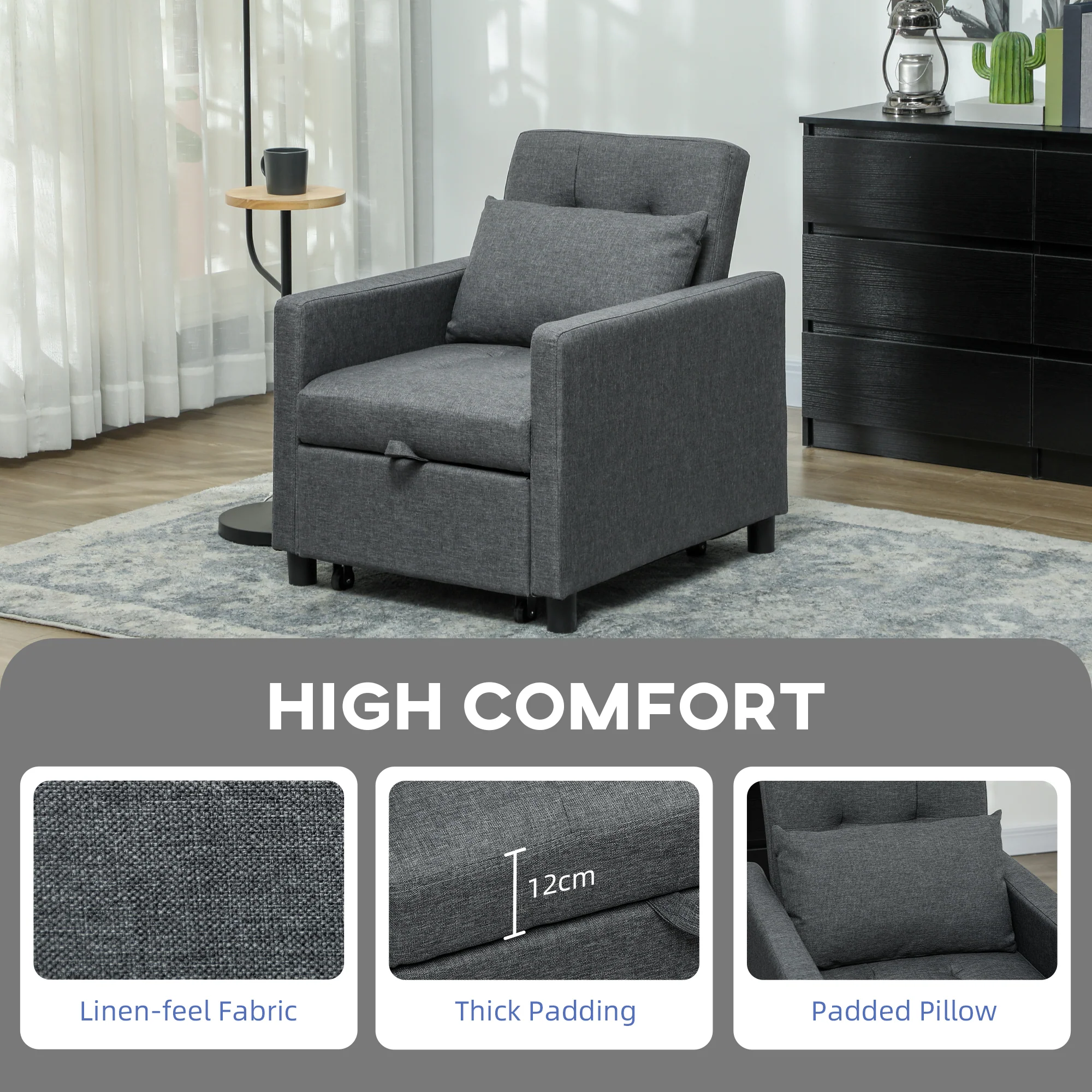 HOMCOM Convertible Single Chair Bed with Upholstered Fabric - Image 13