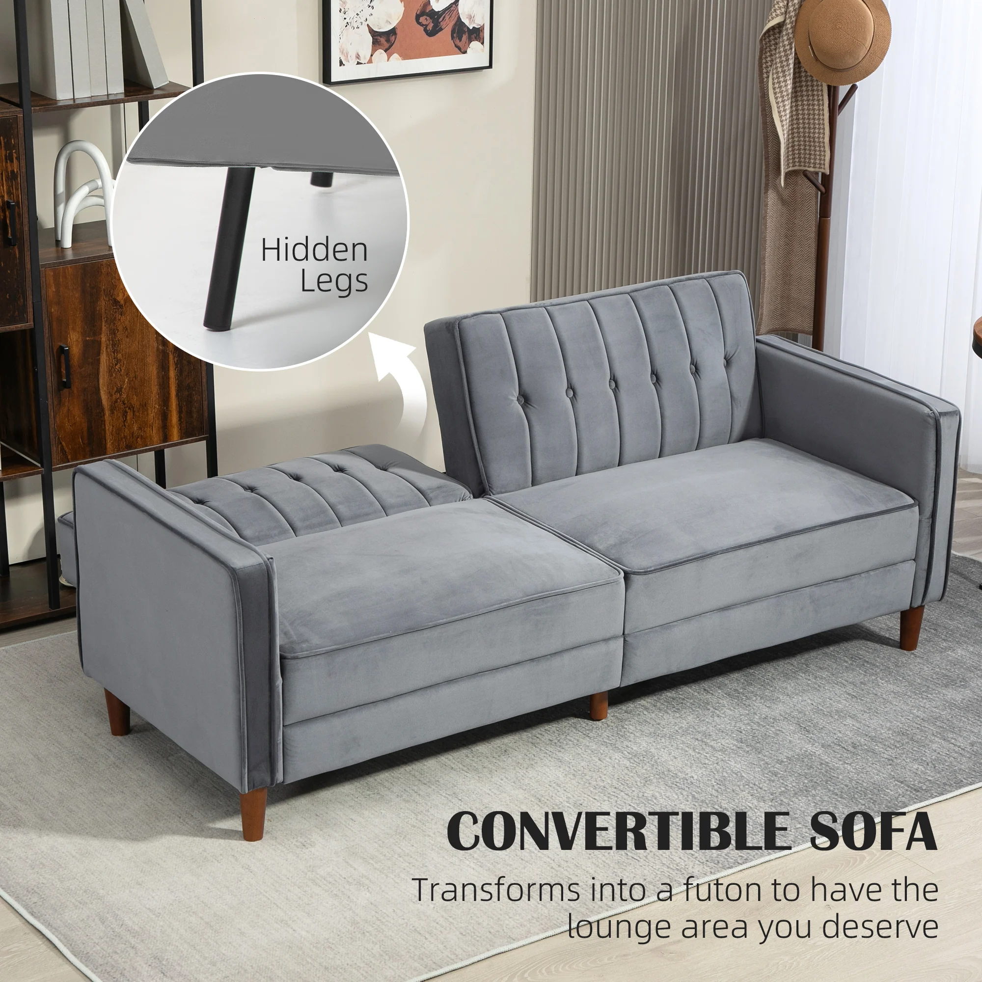 HOMCOM Convertible Sofa Futon Velvet-Touch Tufted Couch Sofa Bed Dark Grey - Image 3