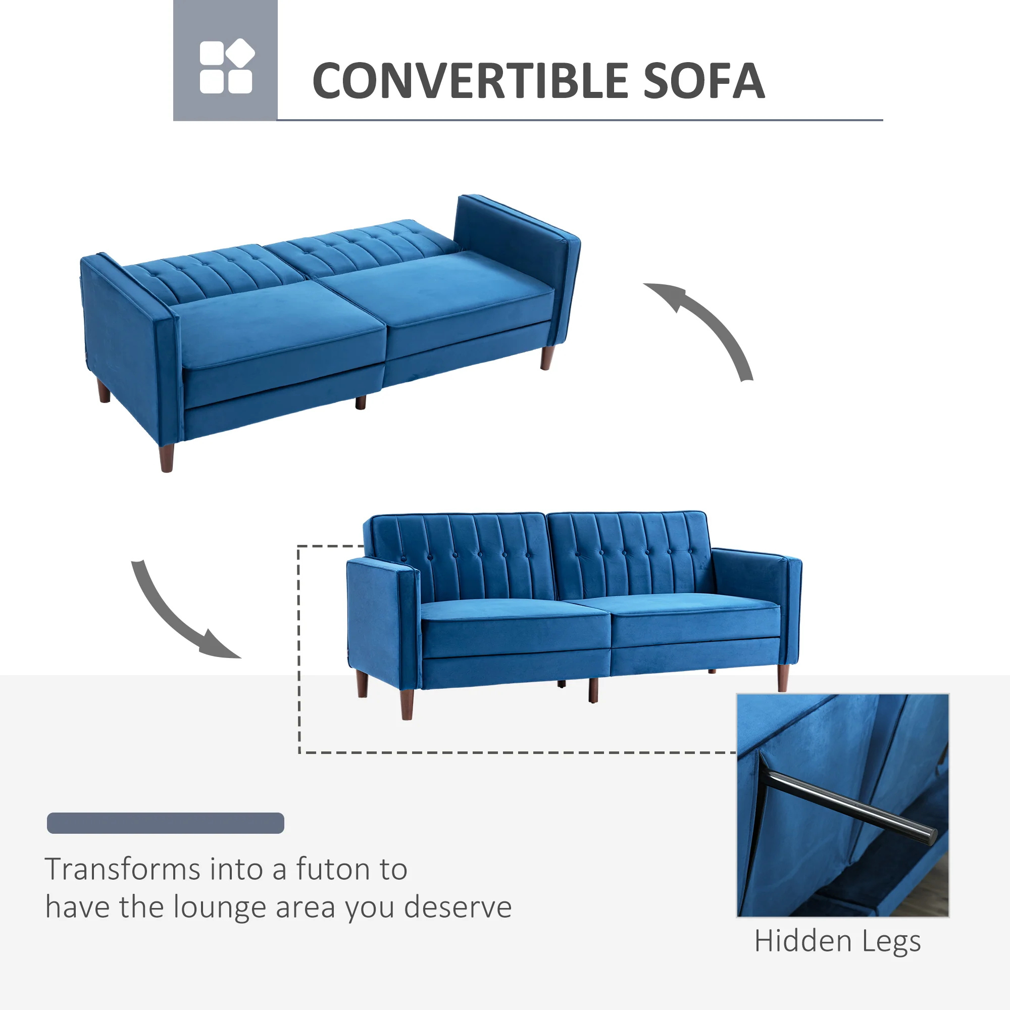 HOMCOM Convertible Sofa Futon Velvet-Touch Tufted Couch Sofa Bed Split Back Blue - Image 3