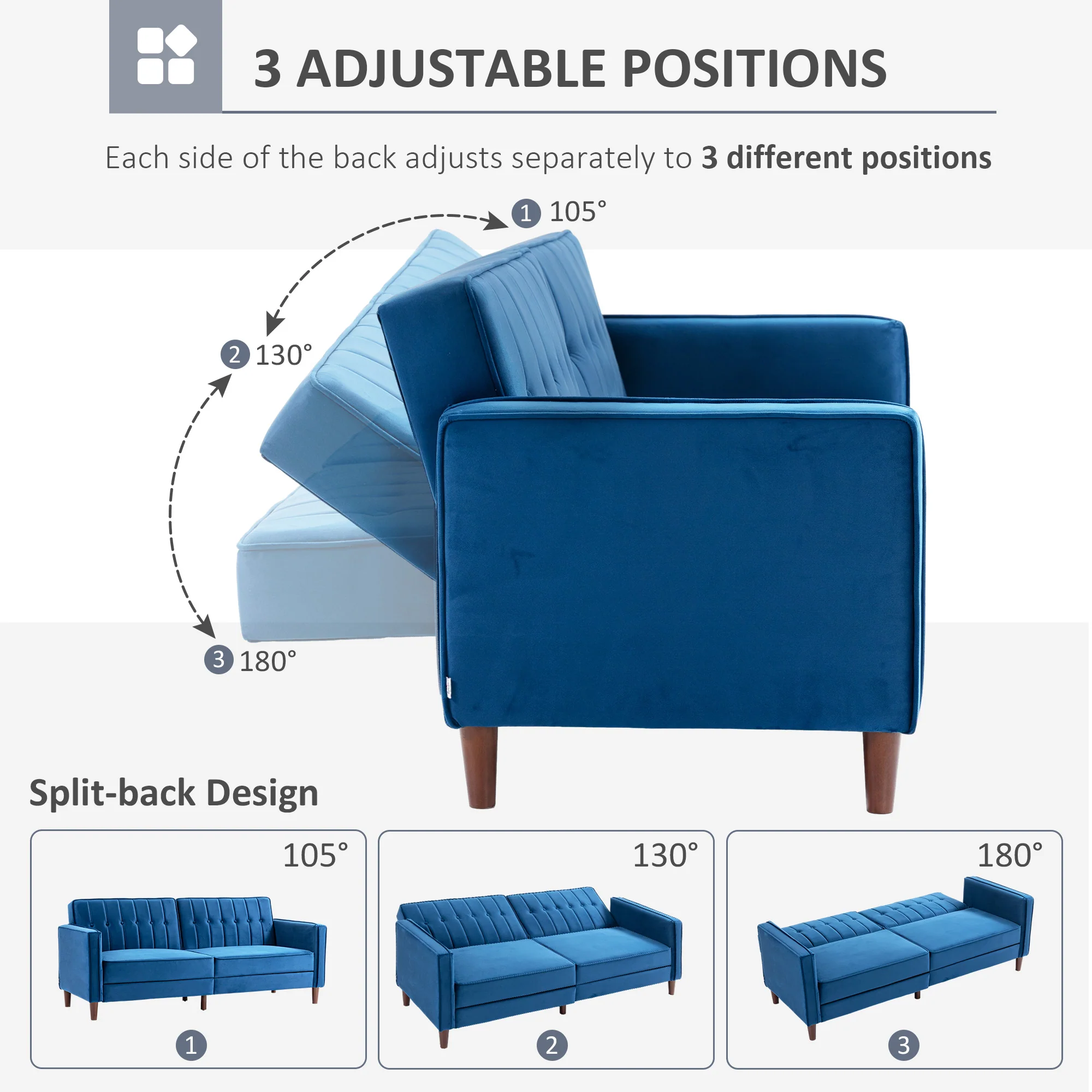 HOMCOM Convertible Sofa Futon Velvet-Touch Tufted Couch Sofa Bed Split Back Blue - Image 4
