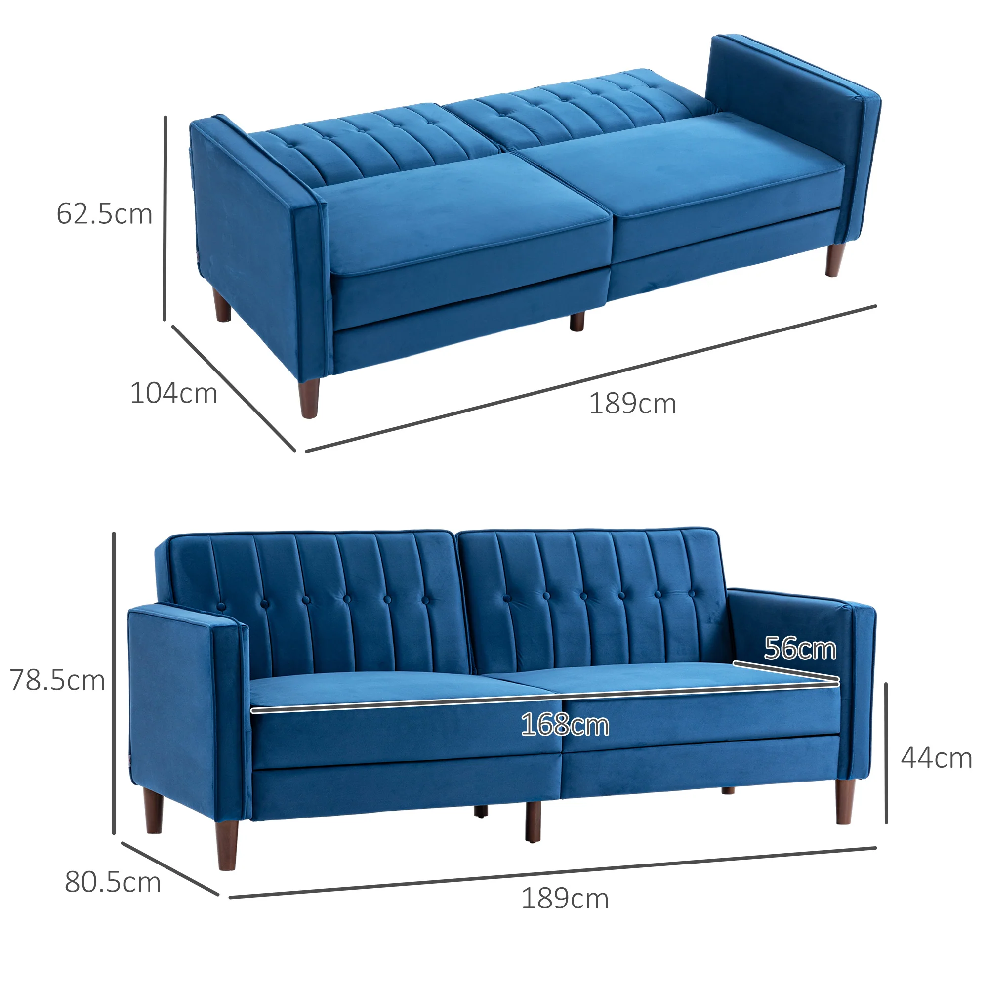 HOMCOM Convertible Sofa Futon Velvet-Touch Tufted Couch Sofa Bed Split Back Blue - Image 5
