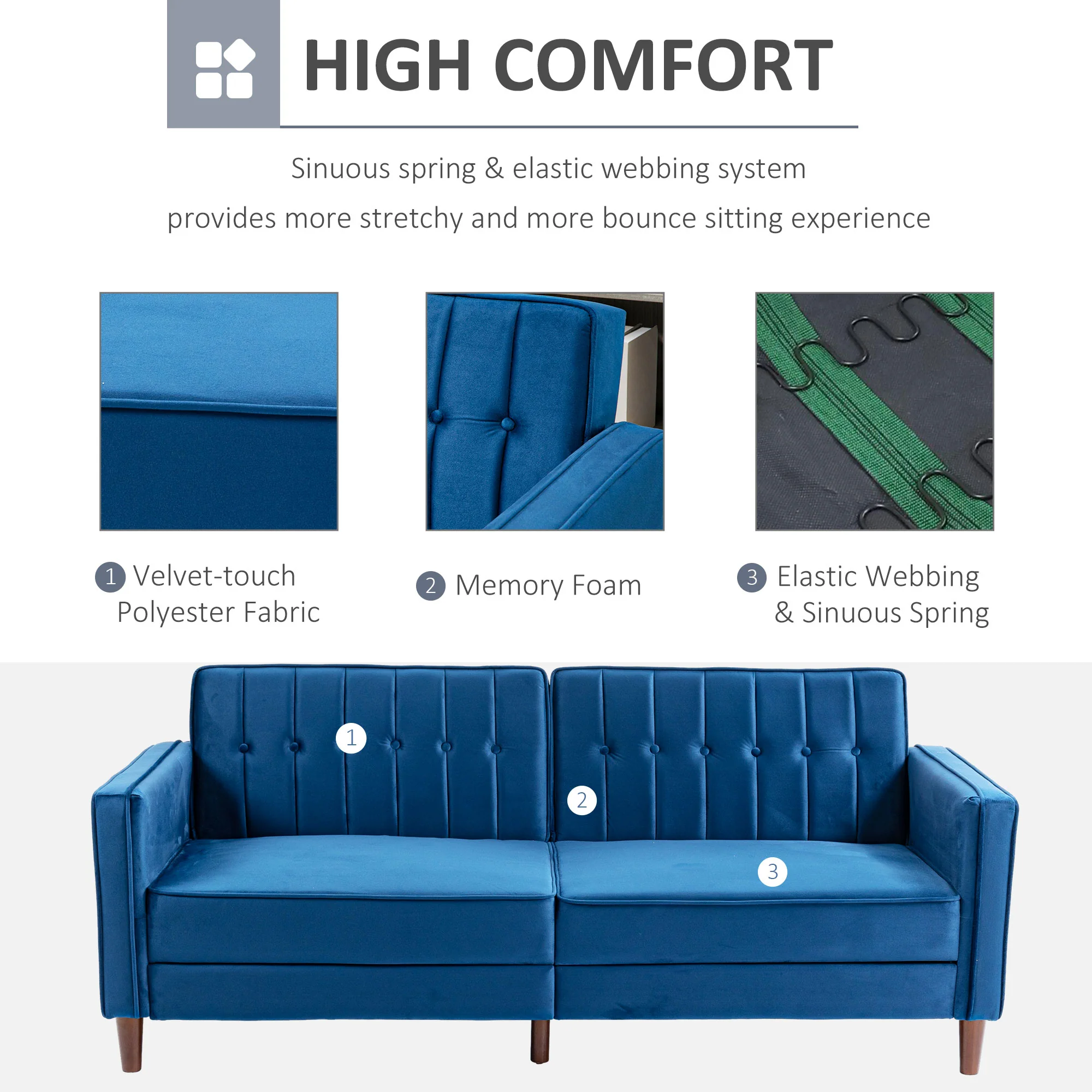 HOMCOM Convertible Sofa Futon Velvet-Touch Tufted Couch Sofa Bed Split Back Blue - Image 6
