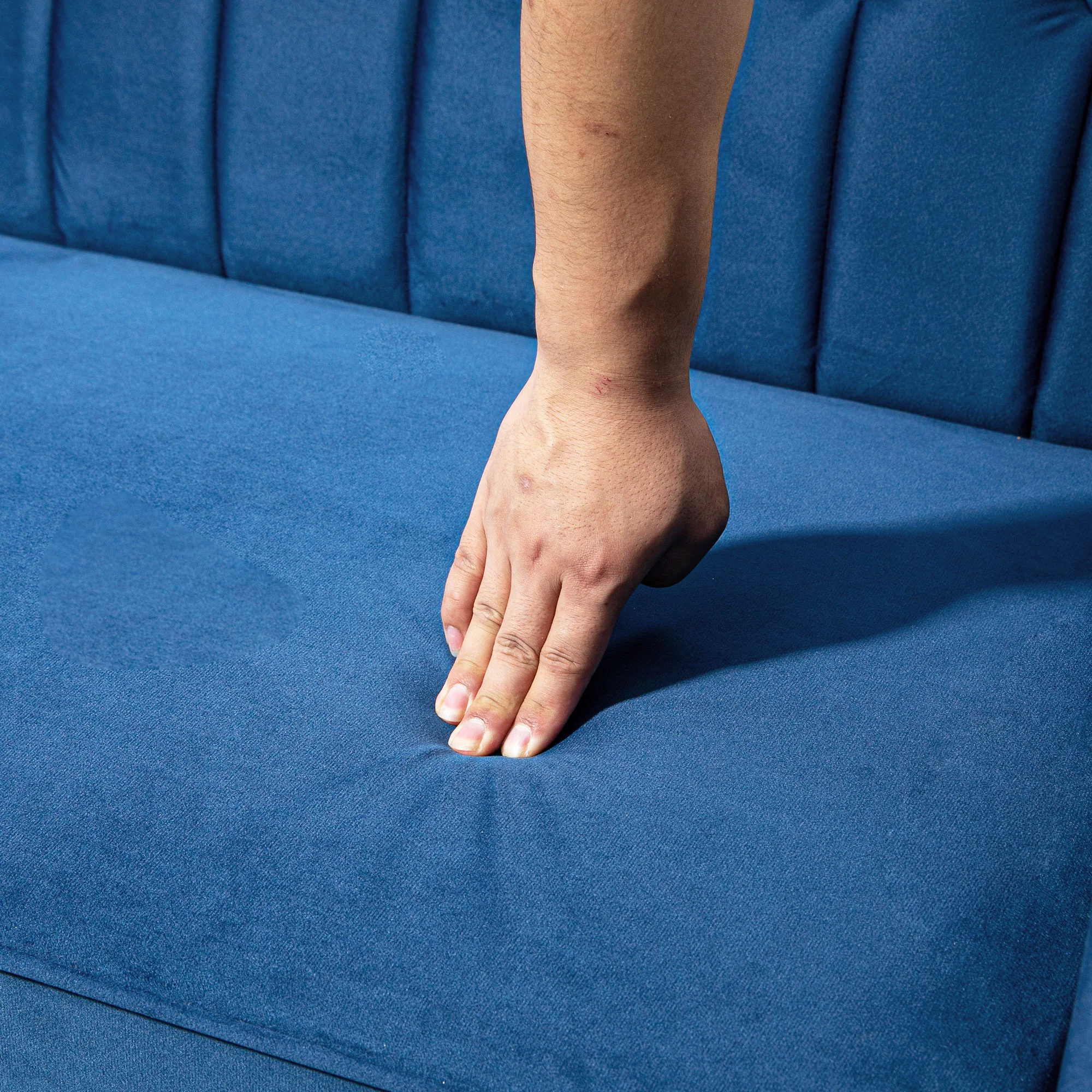 HOMCOM Convertible Sofa Futon Velvet-Touch Tufted Couch Sofa Bed Split Back Blue - Image 8