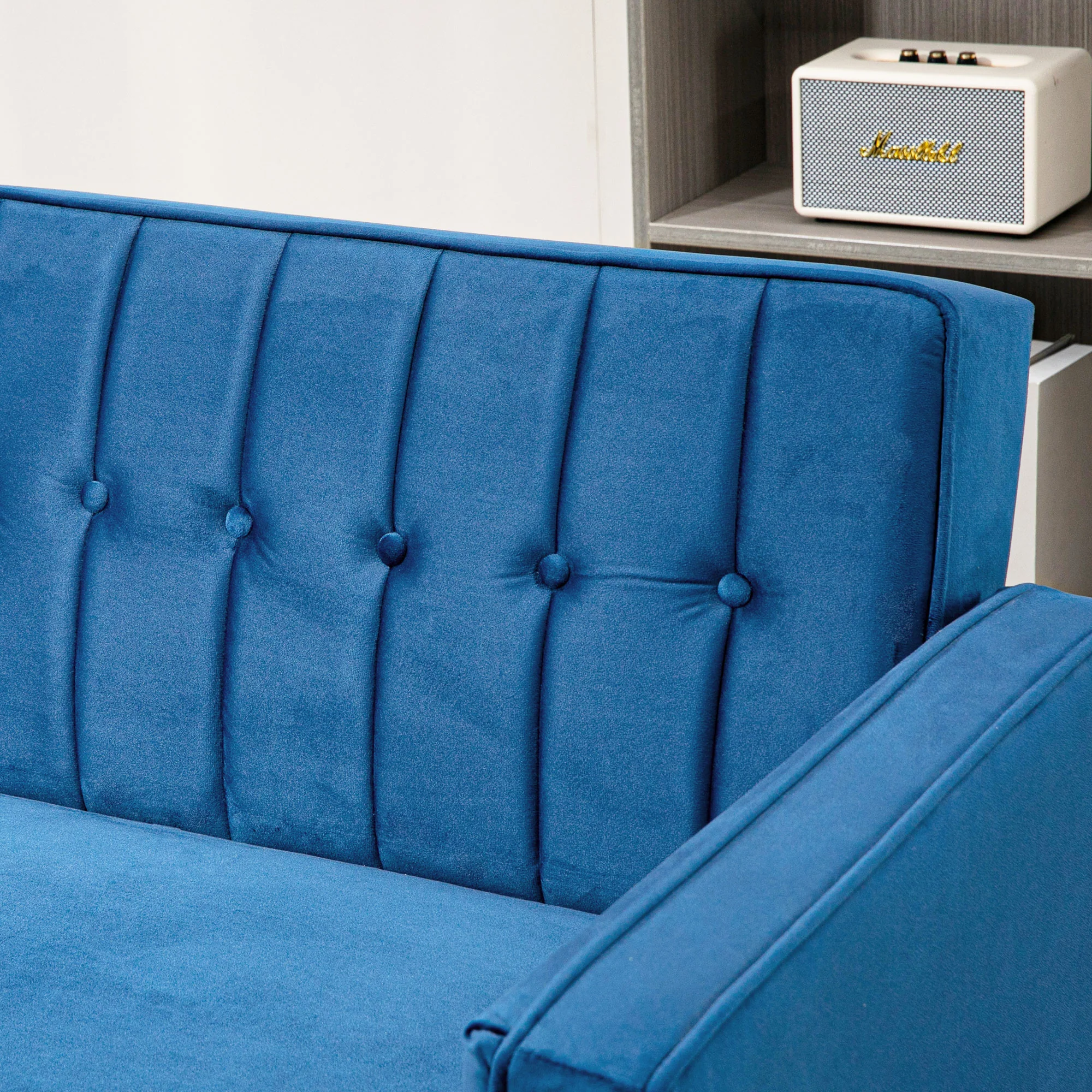 HOMCOM Convertible Sofa Futon Velvet-Touch Tufted Couch Sofa Bed Split Back Blue - Image 9