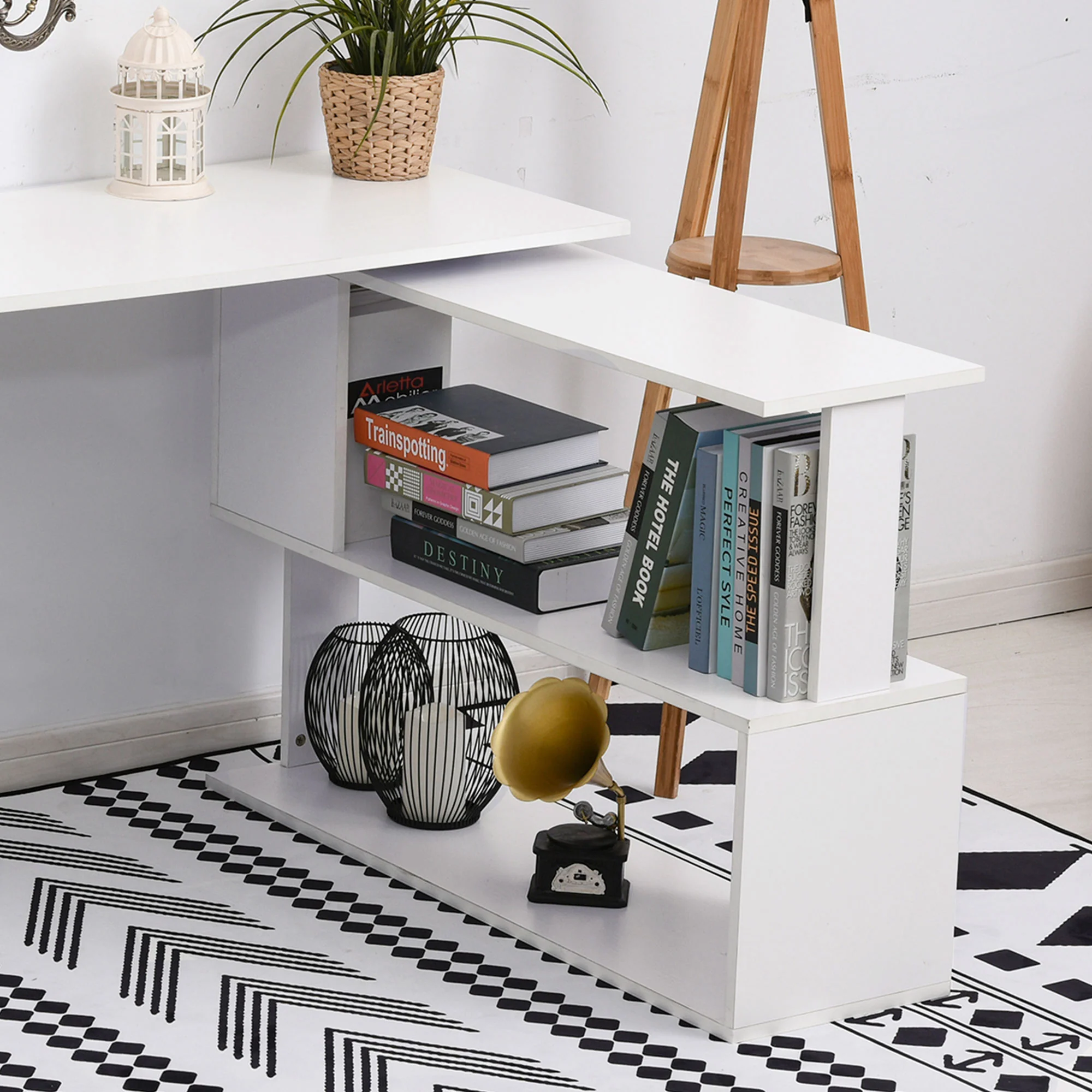 HOMCOM Corner Computer Desk With 360° Rotating Design And Bookshelf, White - Image 8