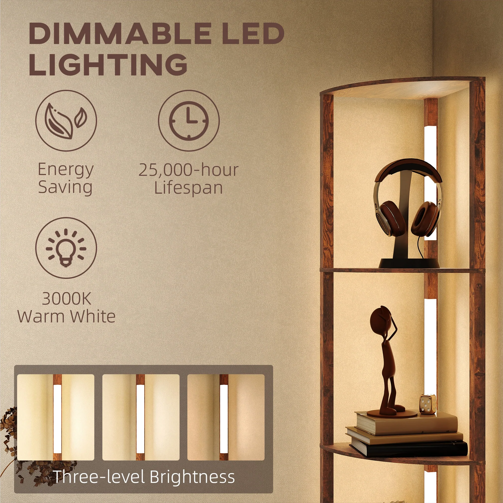 HOMCOM Corner Floor Lamp with Dimmable Warm White LED Light, Rustic Brown - Image 4