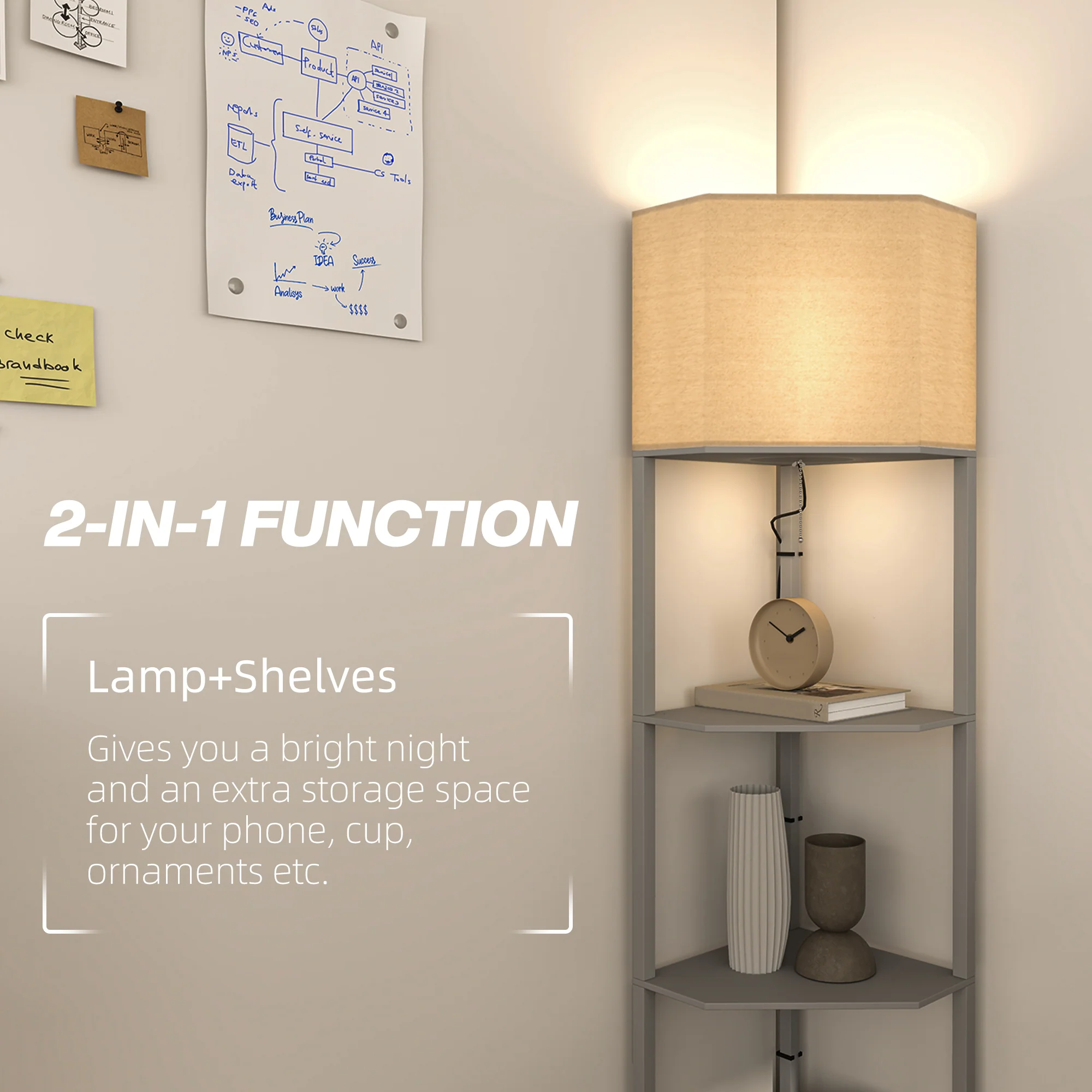 HOMCOM Corner Modern Floor Lamp With Shelves For Living Room, Bedroom - Image 3