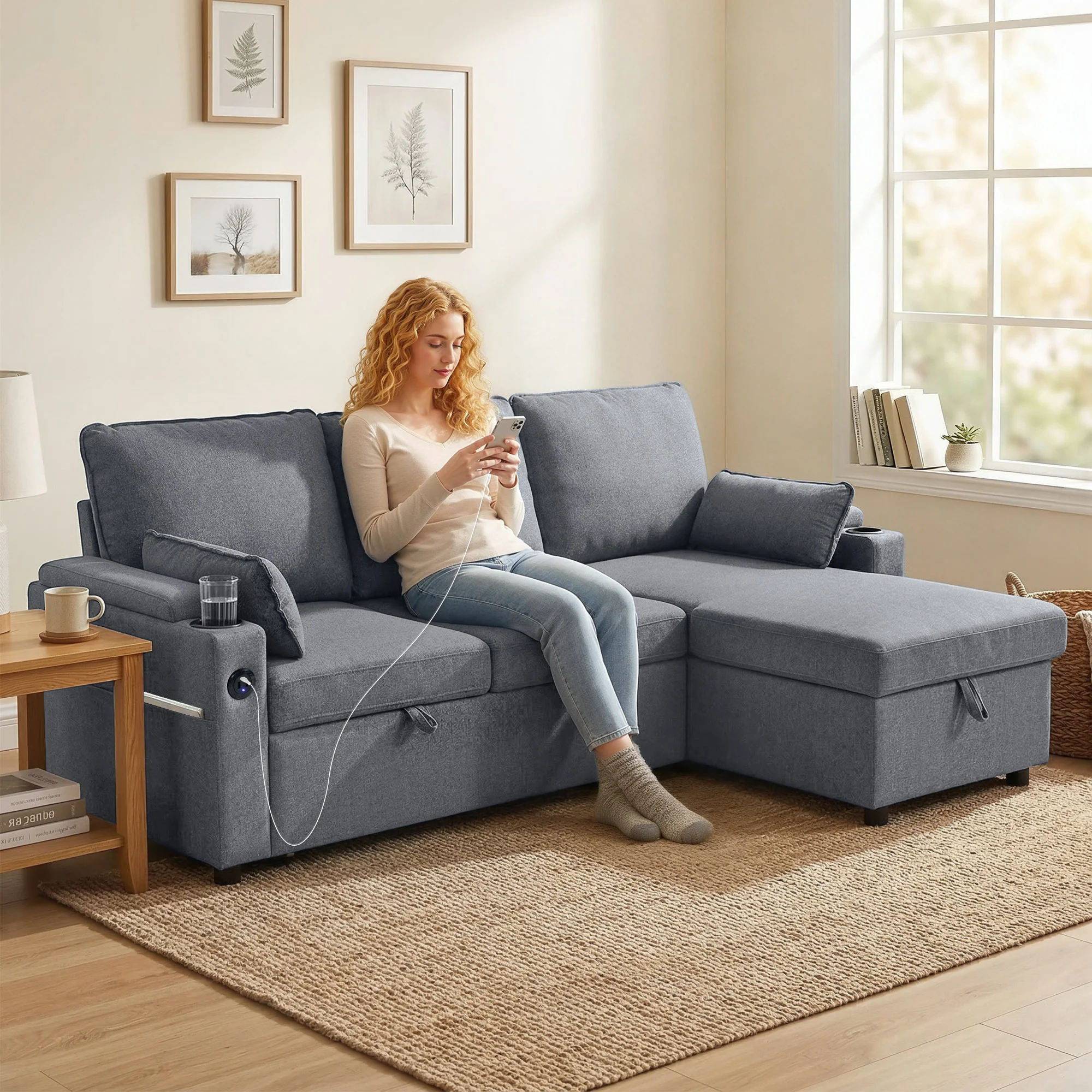 HOMCOM Corner Sofa Bed, L Shaped Sofa With Storage Chaise, USB Ports, Grey - Image 2