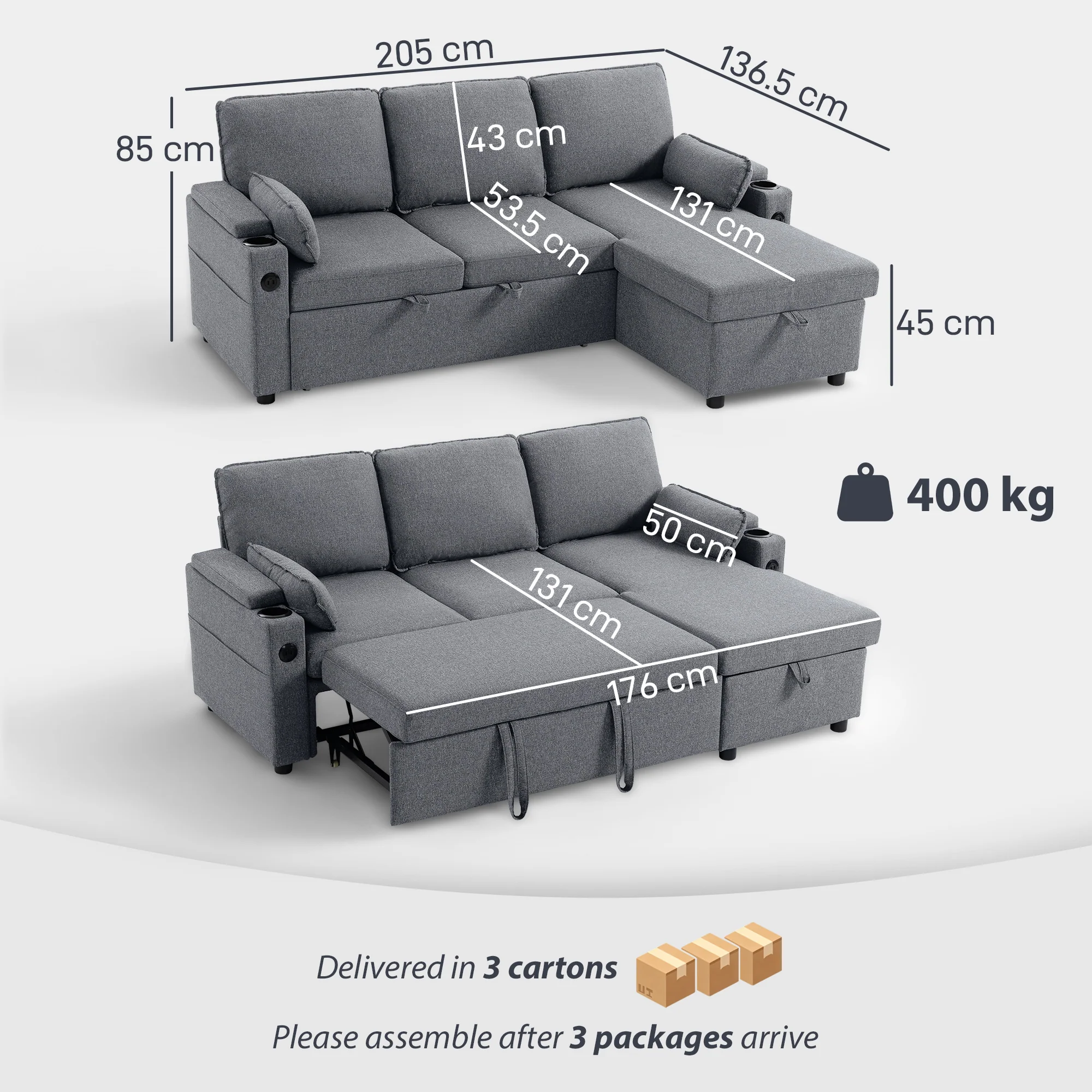 HOMCOM Corner Sofa Bed, L Shaped Sofa With Storage Chaise, USB Ports, Grey - Image 5