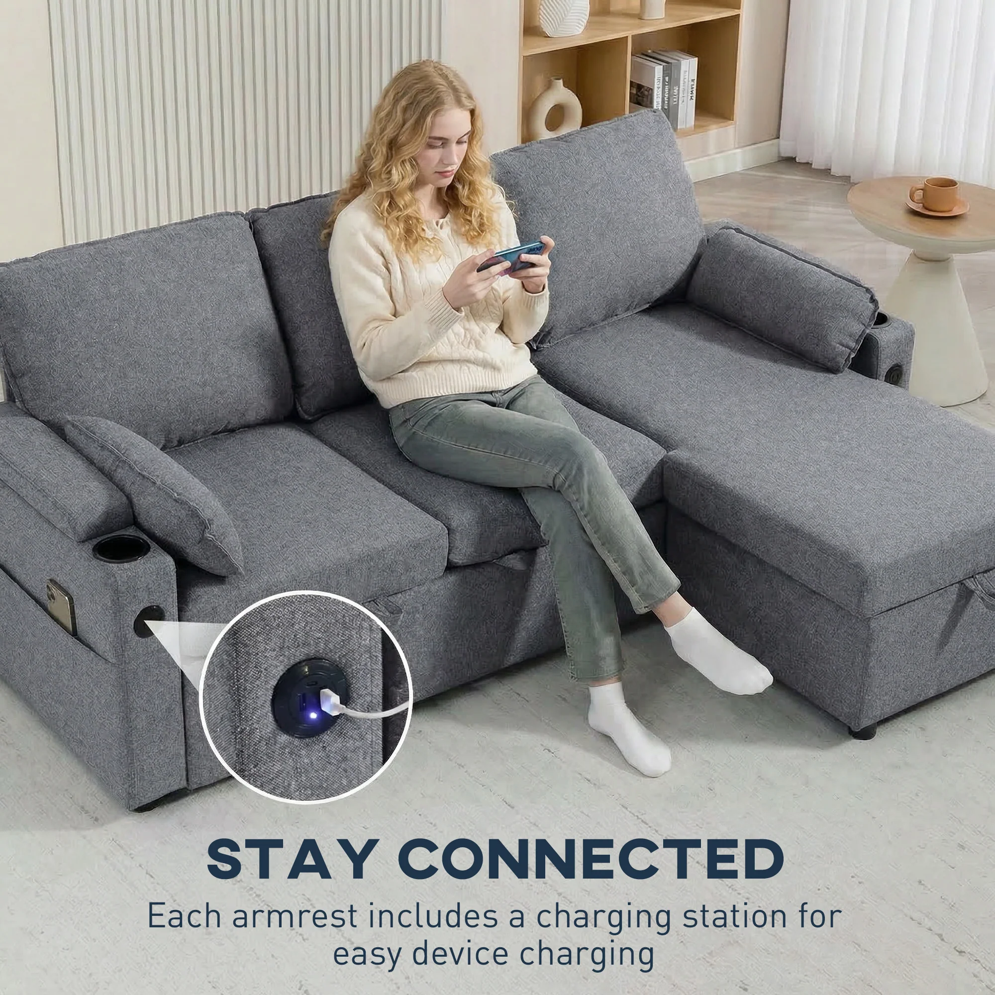 HOMCOM Corner Sofa Bed, L Shaped Sofa With Storage Chaise, USB Ports, Grey - Image 8