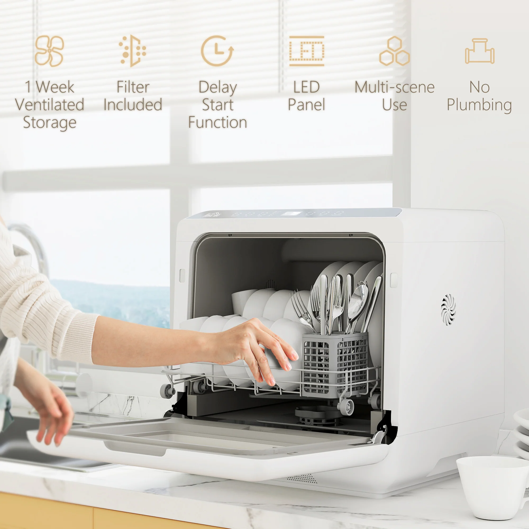 HOMCOM Countertop Dishwasher With Dual Water Supply And 6 Programs, White - Image 8