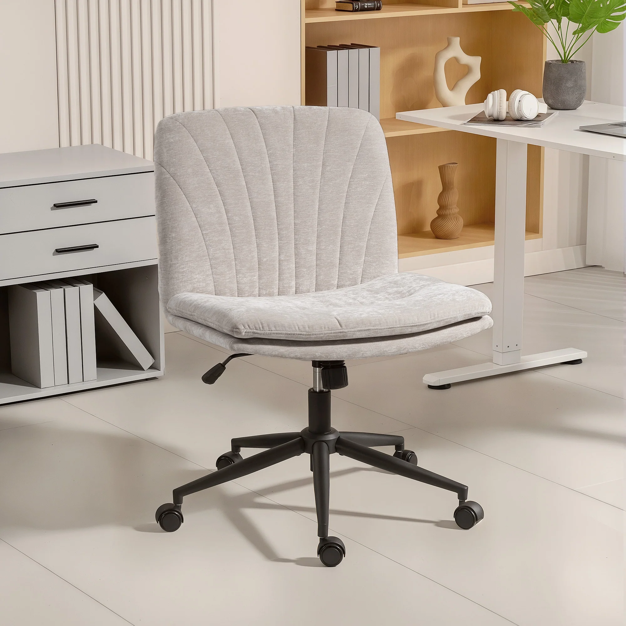 HOMCOM Criss Cross Chair with Wheels, Armless Wide Office Chair, Beige - Image 2