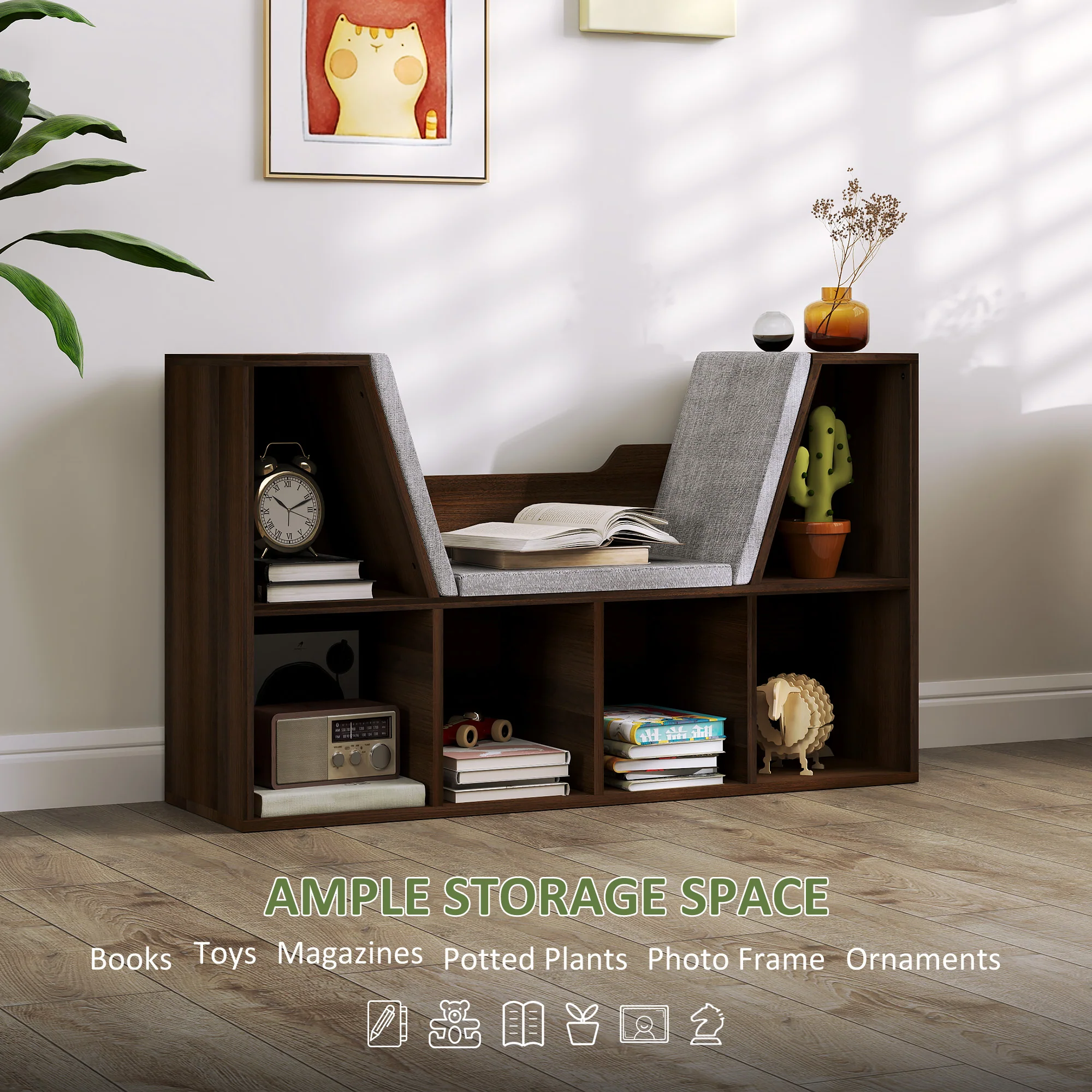 HOMCOM Cube Bookshelf Organizer With Reading Seat, Six Cubes, Chestnut - Image 3
