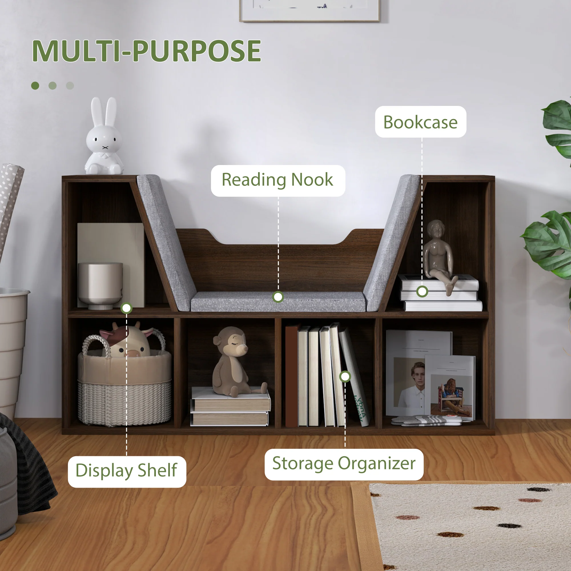 HOMCOM Cube Bookshelf Organizer With Reading Seat, Six Cubes, Chestnut - Image 4