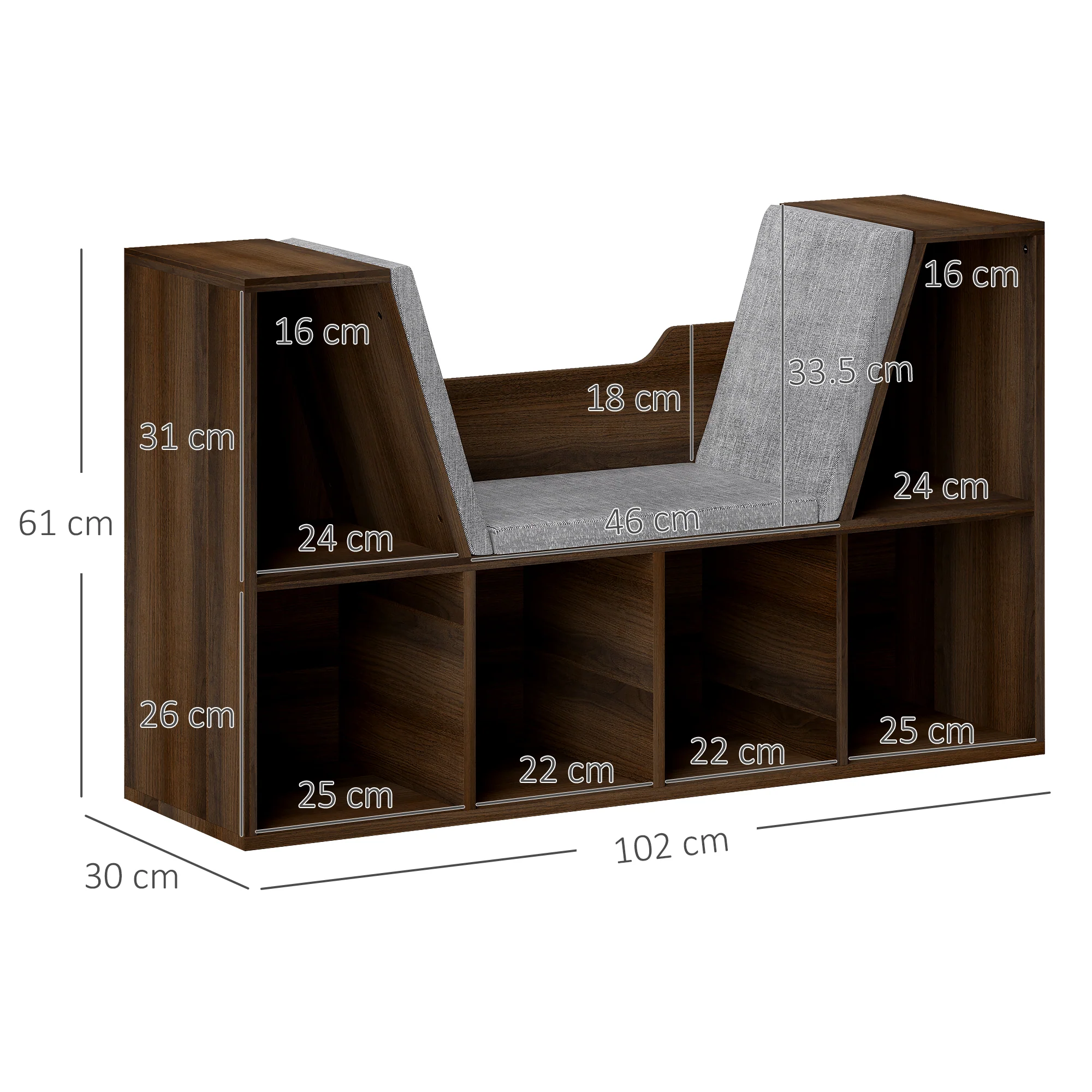 HOMCOM Cube Bookshelf Organizer With Reading Seat, Six Cubes, Chestnut - Image 5
