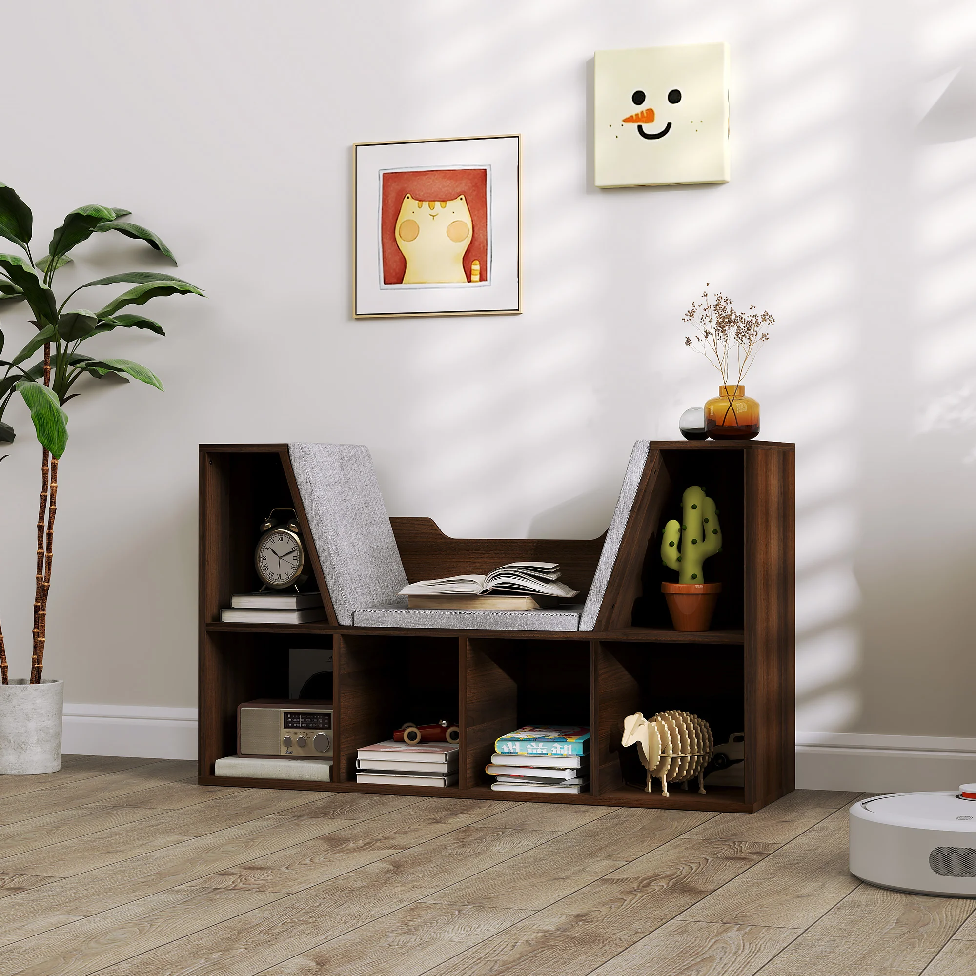 HOMCOM Cube Bookshelf Organizer With Reading Seat, Six Cubes, Chestnut - Image 7