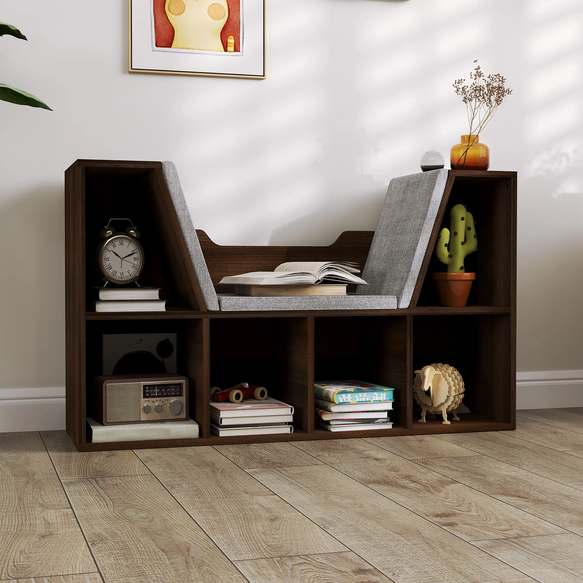 HOMCOM Cube Bookshelf Organizer With Reading Seat, Six Cubes, Chestnut - Image 8